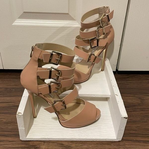 Kristin Cavallari Chinese Laundry Gladiator Heels Blush Pink Gold Buckle 9.5