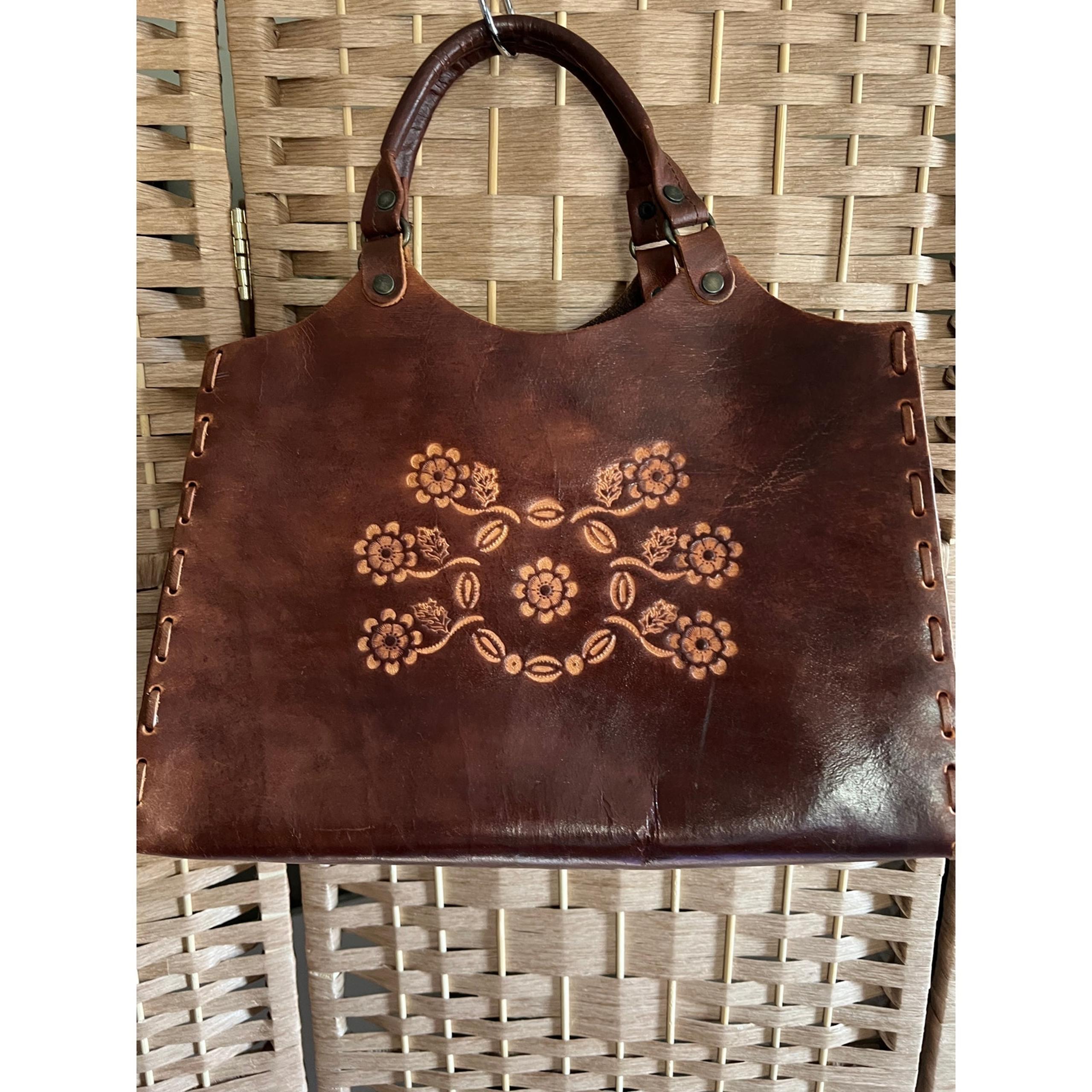 T Bags Leather Tote Brown/Tan Floral Pattern Both Sides