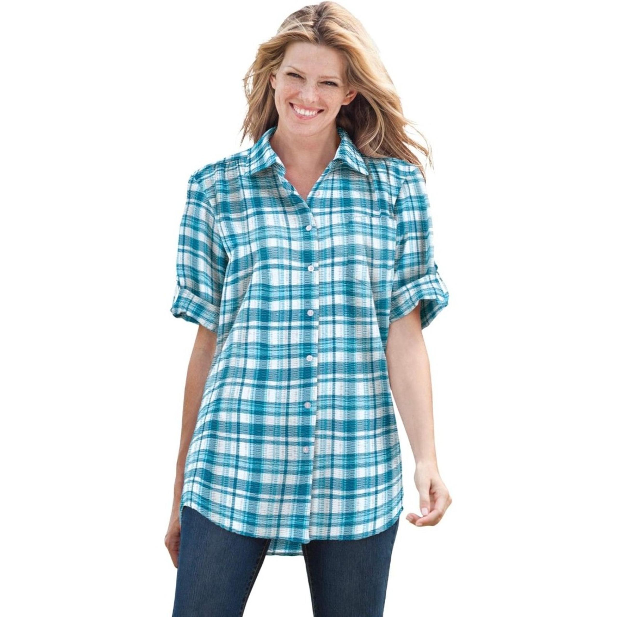 NEW NWOT Teal Plaid Plus Sz 18/20 Button Up Seersucker Tunic Shirt WOMAN WITHIN
