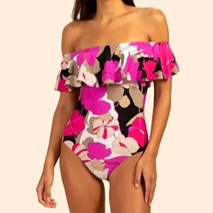 TRINA TURK LYNX GEMINI OFF THE SHOULDER 1PC SWIM RUFFLE BANDEAU SIZE 12 NWT