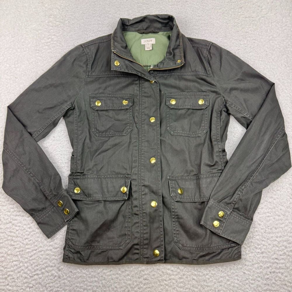 J Crew Downtown Field Jacket Womens Small Waxed Cotton Military Style Gray Green