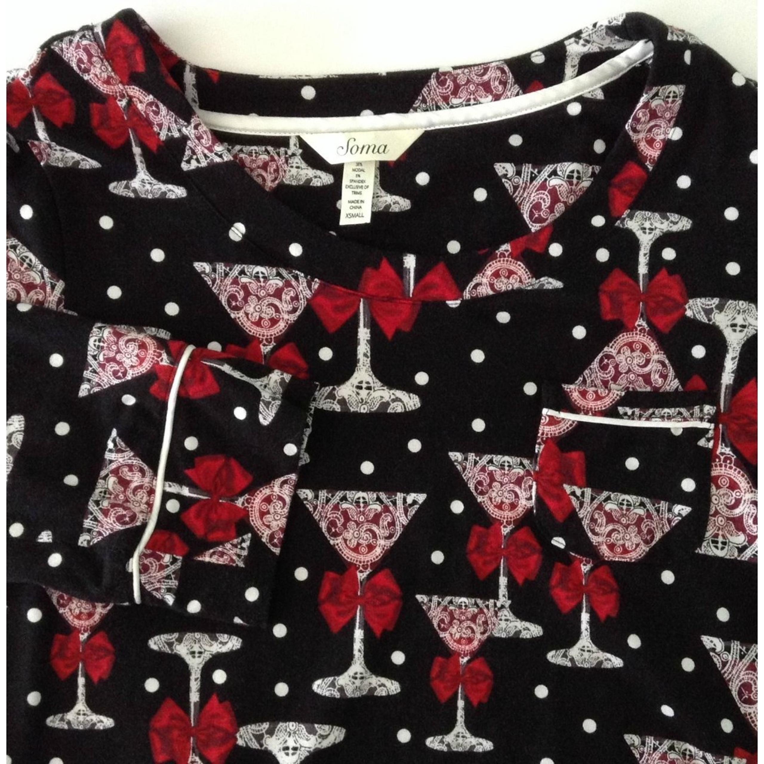 Soma Women's Night Shirt Nightgown XS Black Red White Martini Glass Polka Dots