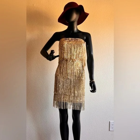 Gold Fringe Sequin Dress | Size Small