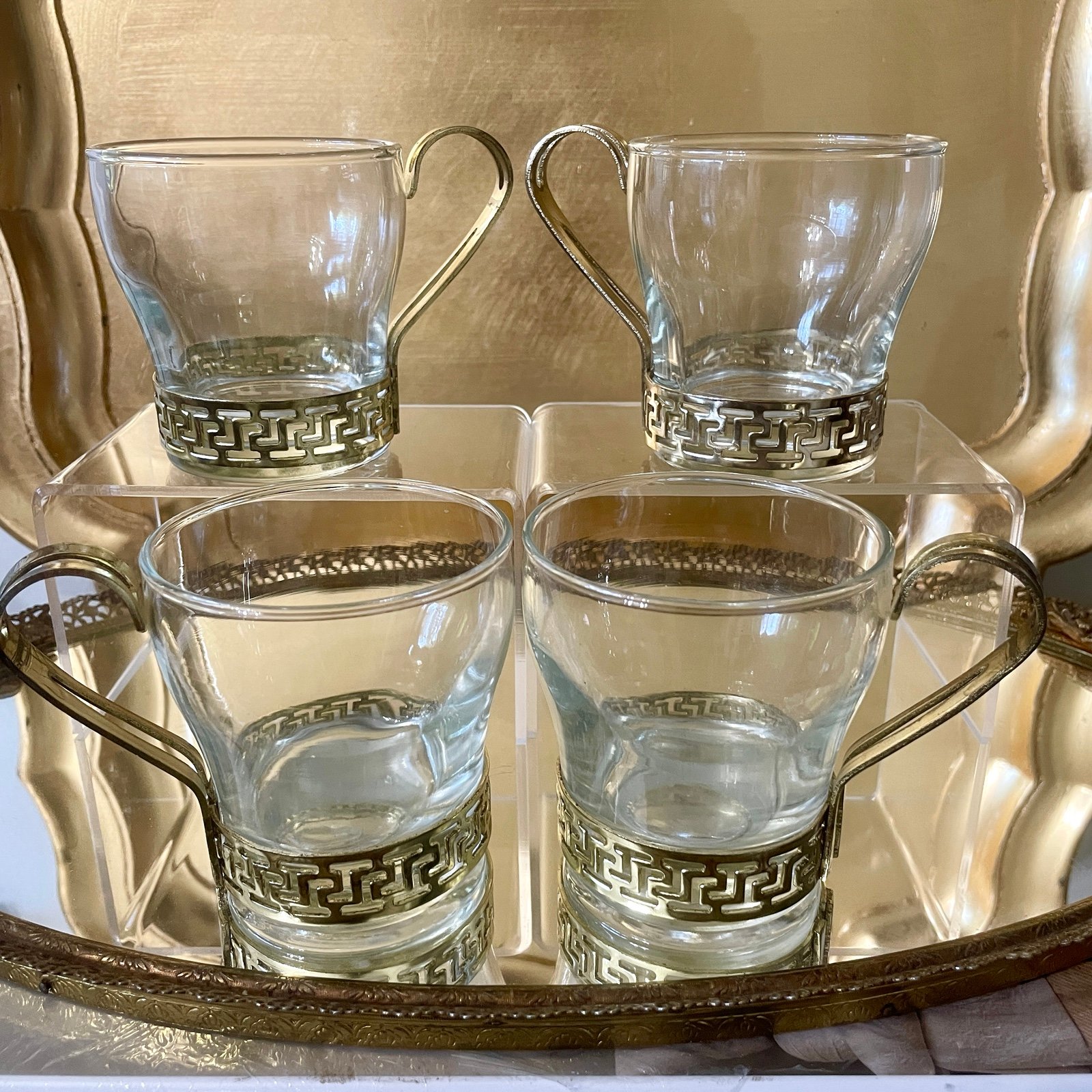 Vintage 1960s Gold Greek Key Coffee or Tea Cups - Set of 4