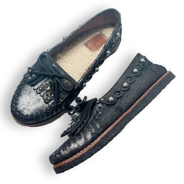 COACH Roccasin Black Metallic Leather Slip On Moccasins Sherpa Flat Loafers Sz 6