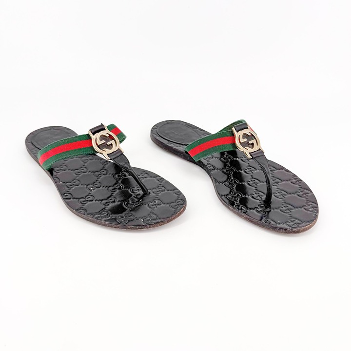 Gucci Interlocking GG Thong Sandal EU 37 US 7 Black Leather Flat Flip Flop Slide