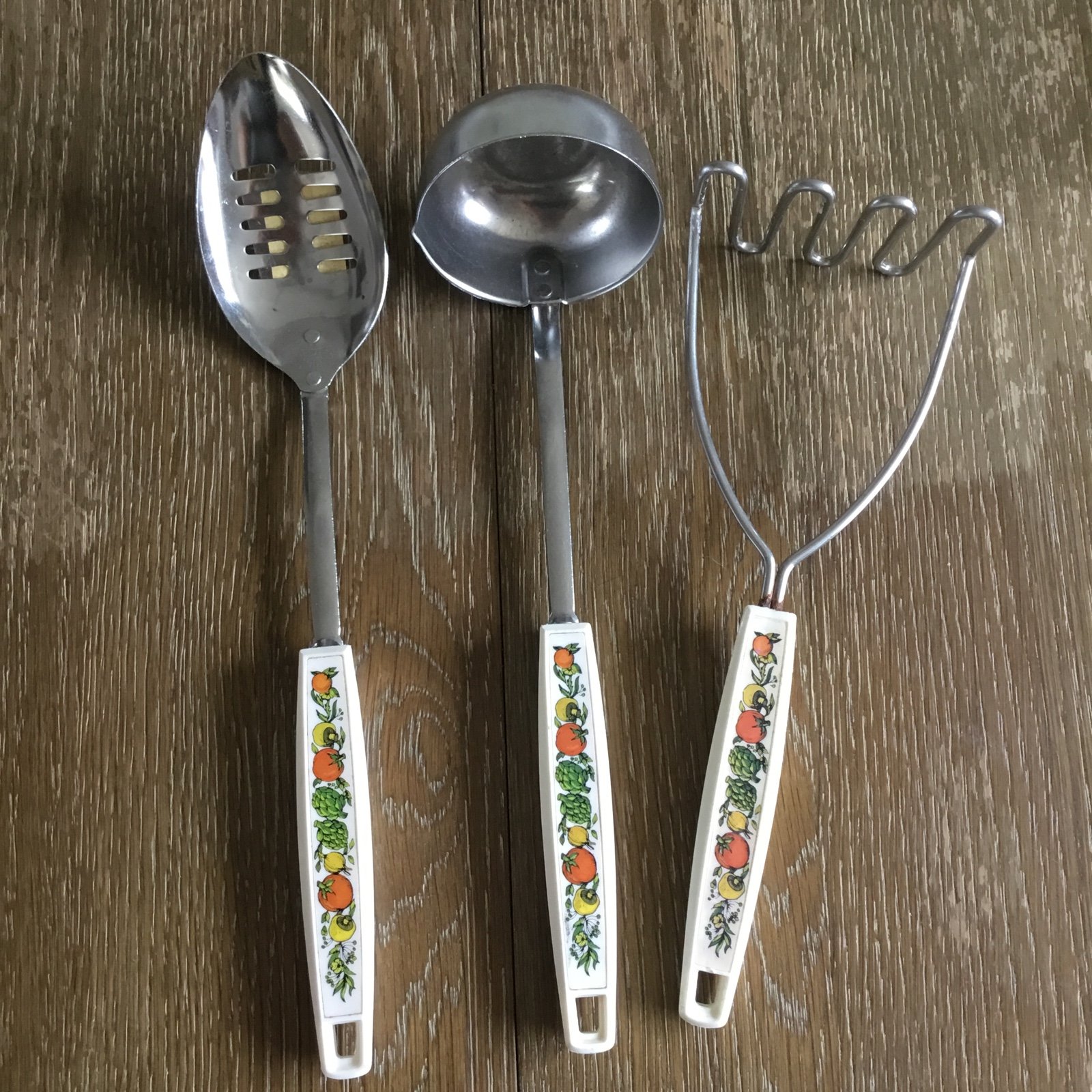 Vintage Ekco Slotted Serving Spoon Vegetable Design Handle Mushroom Masher X3 MC