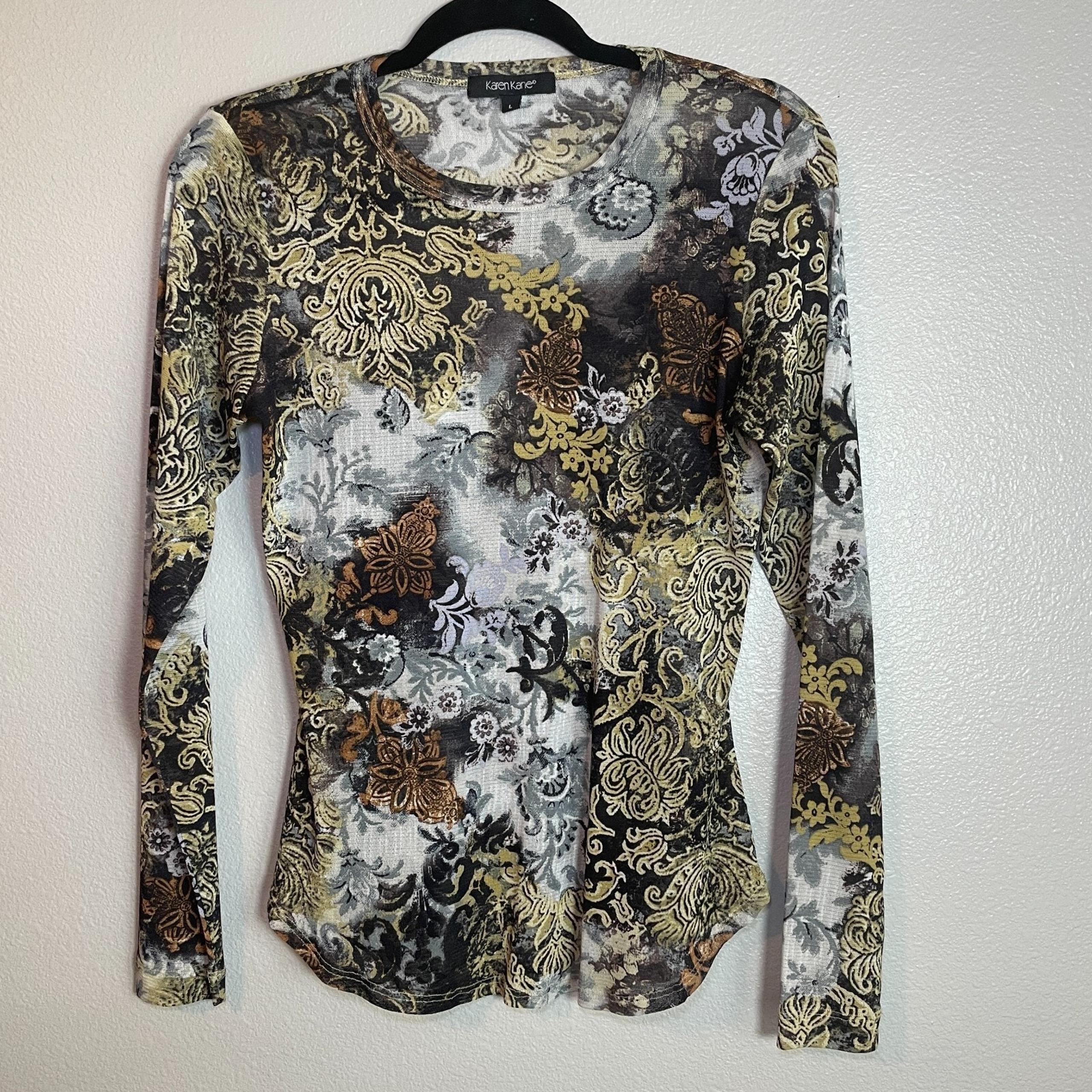 Karen Kane Y2K Sz Large Floral Black Brown Mesh Long Sleeve Top Shirt Womens