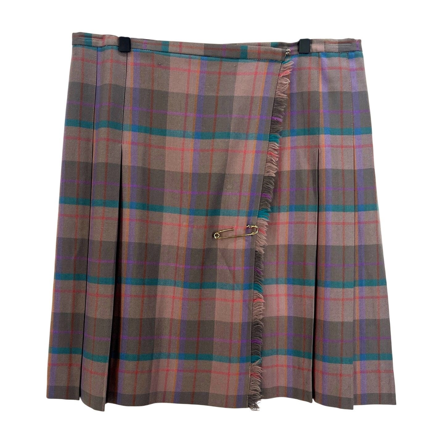 Vintage Handmade Kilt Skirt Pleated Plaid Brown Tartan Safety Pin Size Large
