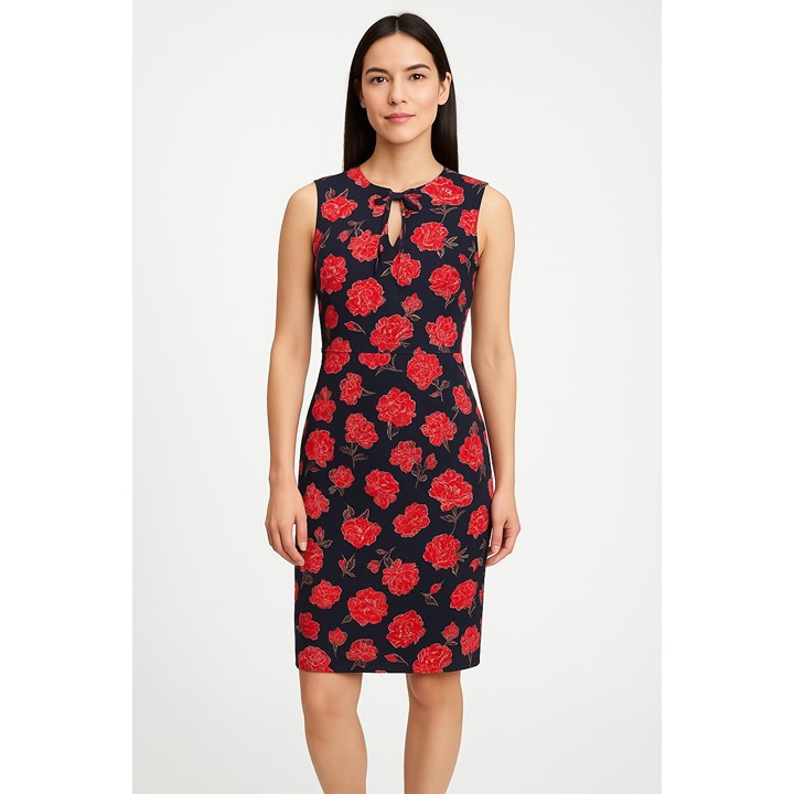 Banana Republic Dress Womens Size Petite 2 Blue Sleeveless Sheath Red Flowers