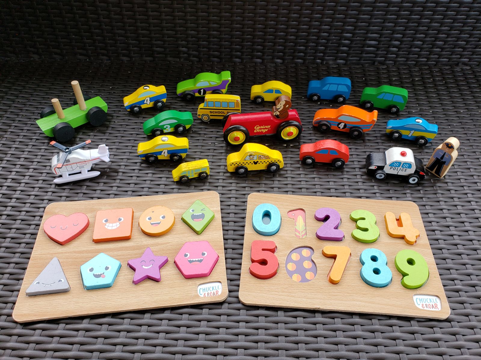 Lot of Wooden toys, cars, shapes and numbers, some magnetic cars