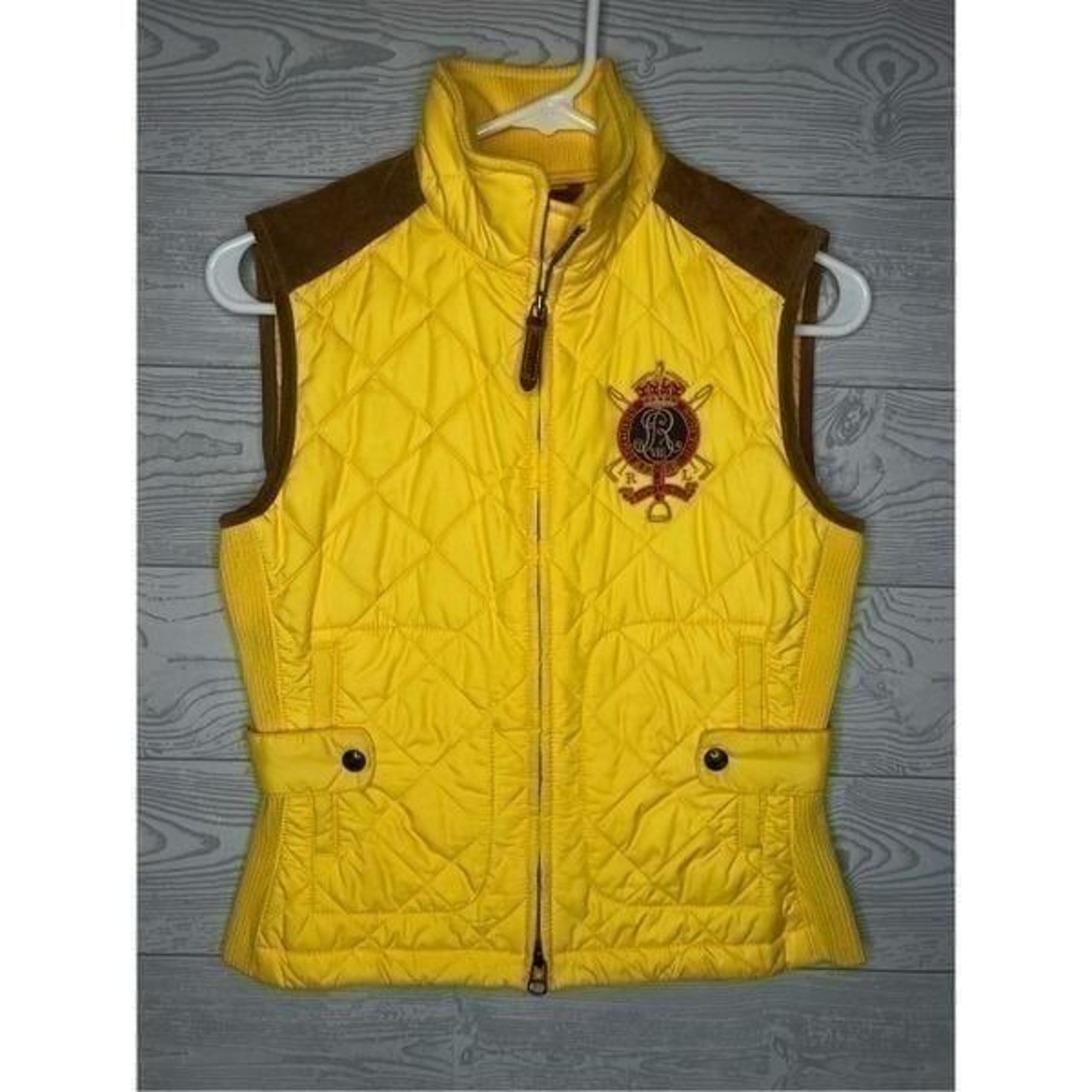 Ralph Lauren vest with brown suede shoulder patches. Size extra small.