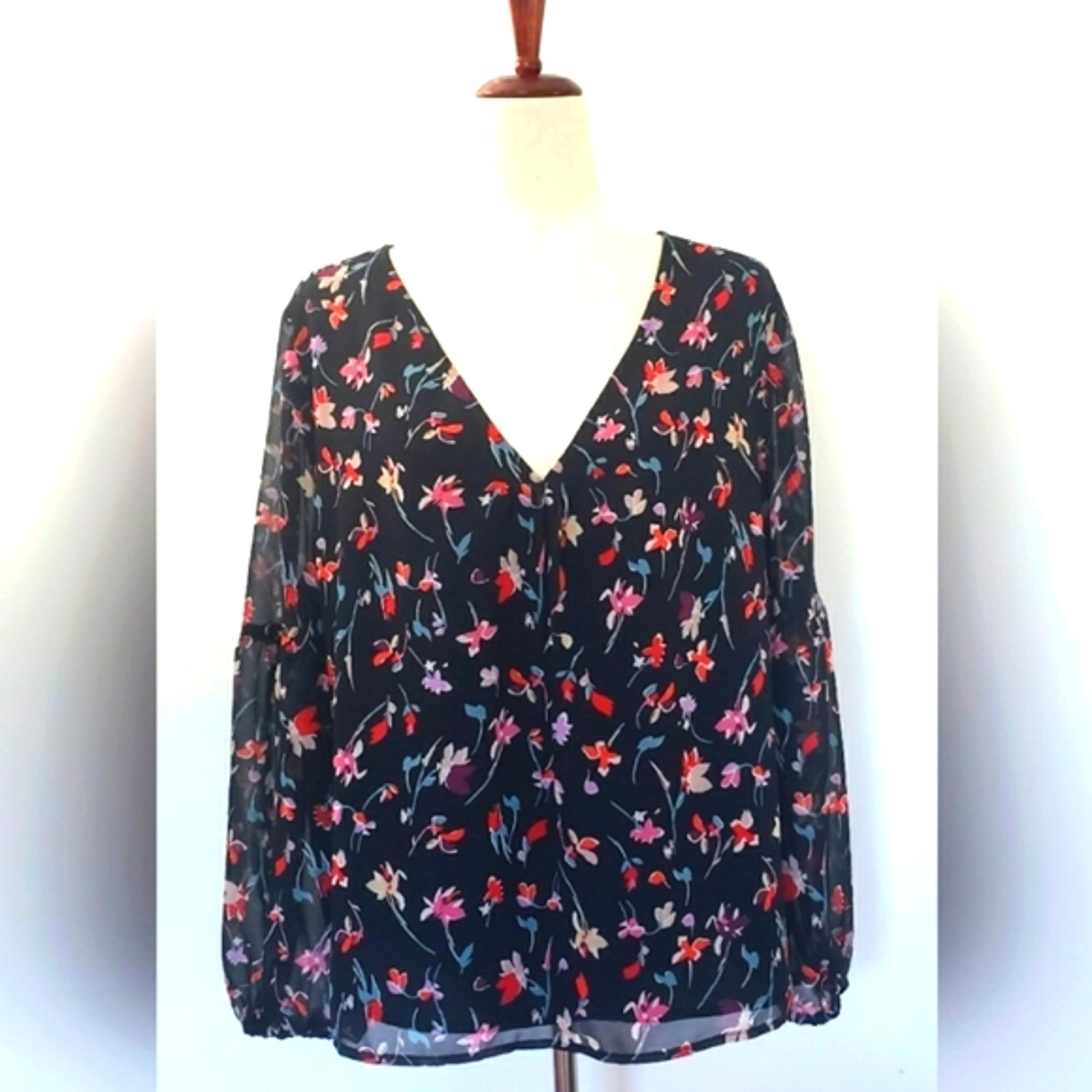 Madewell Drifting Flowers Shirred Sleeve Vneck Top Black Floral Multi Size XL