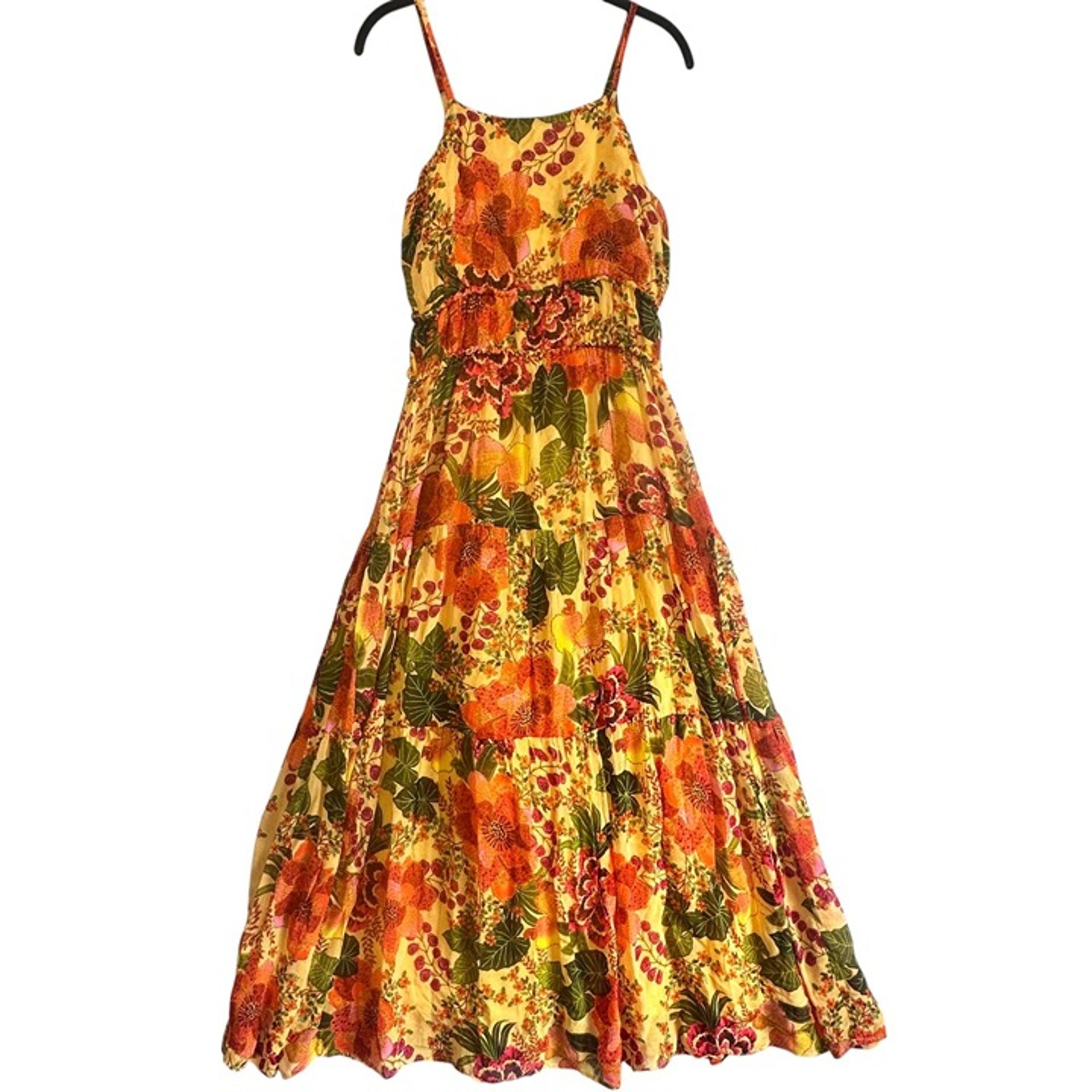 Farm Rio Floral Chiffon Tiered Maxi Summer Dress  Flowy Boho Sundress Size S NWT