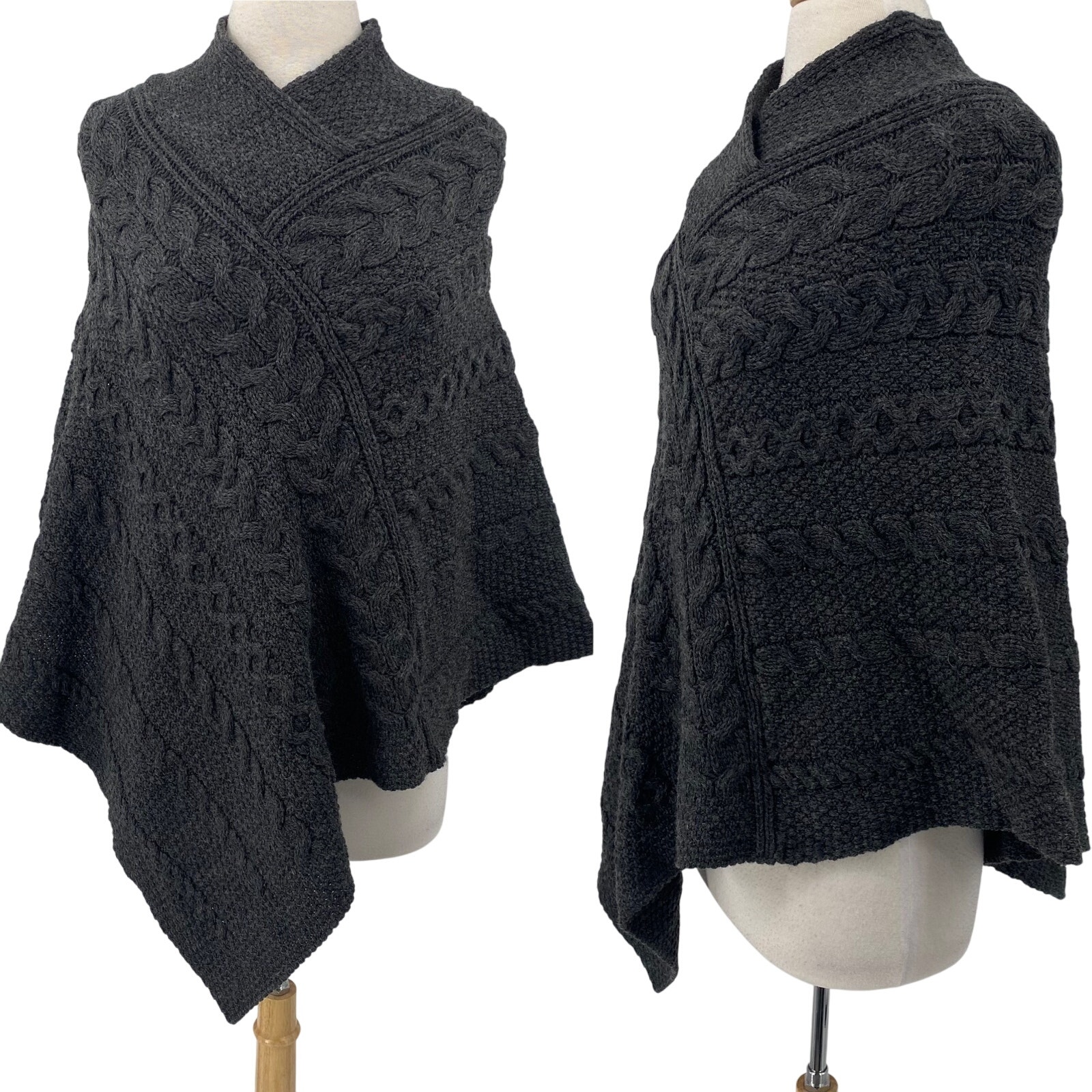 Vintage Aran Crafts Poncho Merino Wool Cable Knit Made in Ireland Gray Size M/L