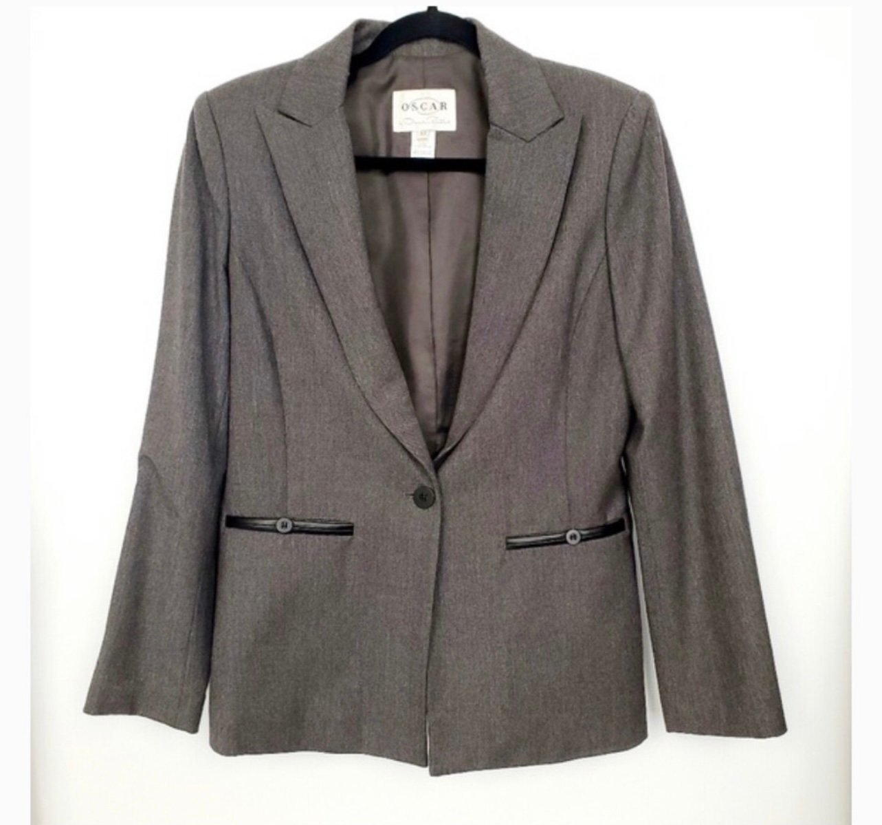OSCAR DE LA RENTA Vintage Gray Leather Trim Blazer Size 10