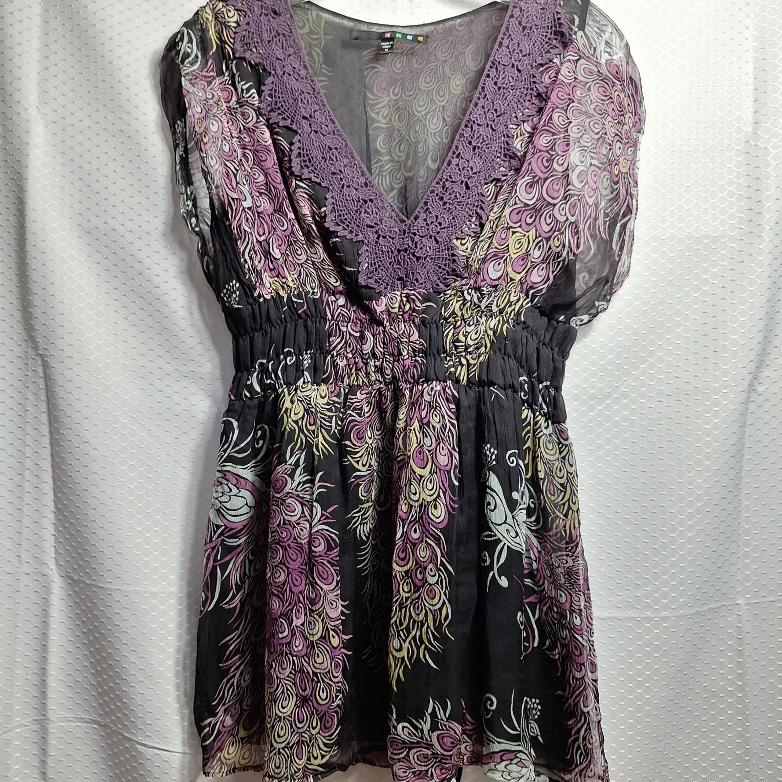 Women 90s Y2K SILK Babydoll Top Sz M Black Feather Lace V-Neck Whimsigoth Grunge
