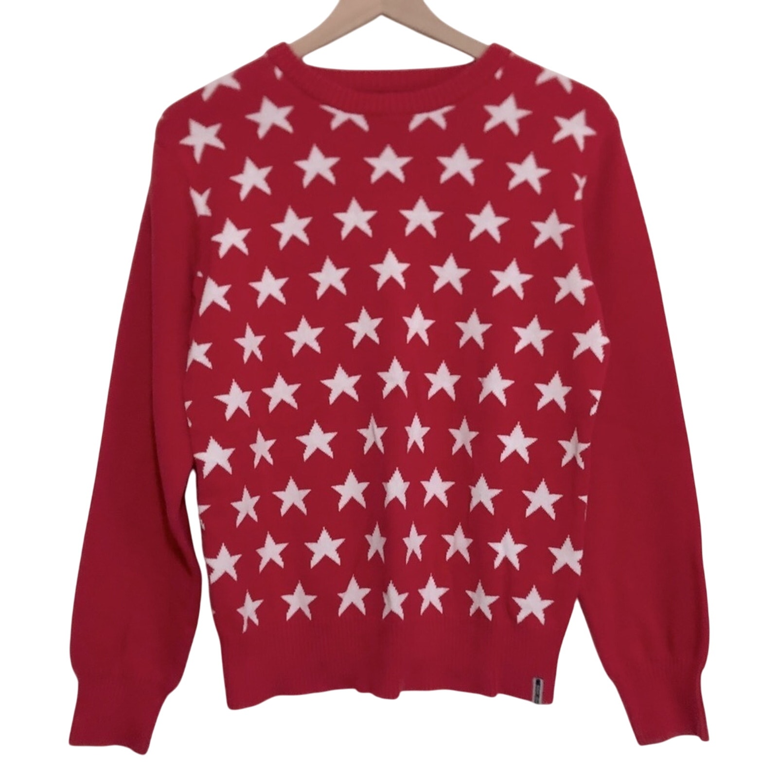 Vintage 90's Poco Loco Star Pattern Knit Cotton Red White Pullover Sweater