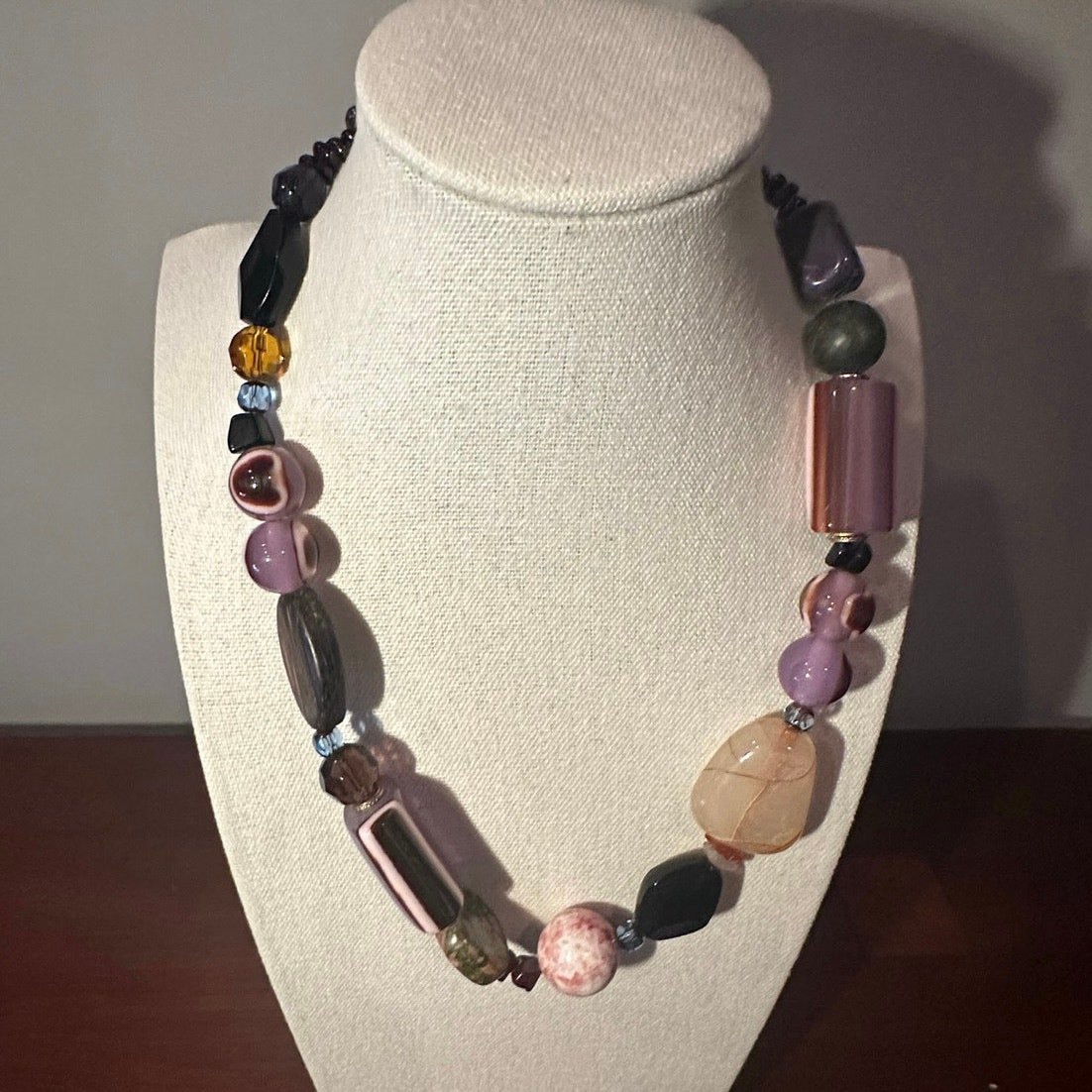 Napier N Stamped Purple Beaded Chunky Stone Necklace Millefiori Beads Vintage