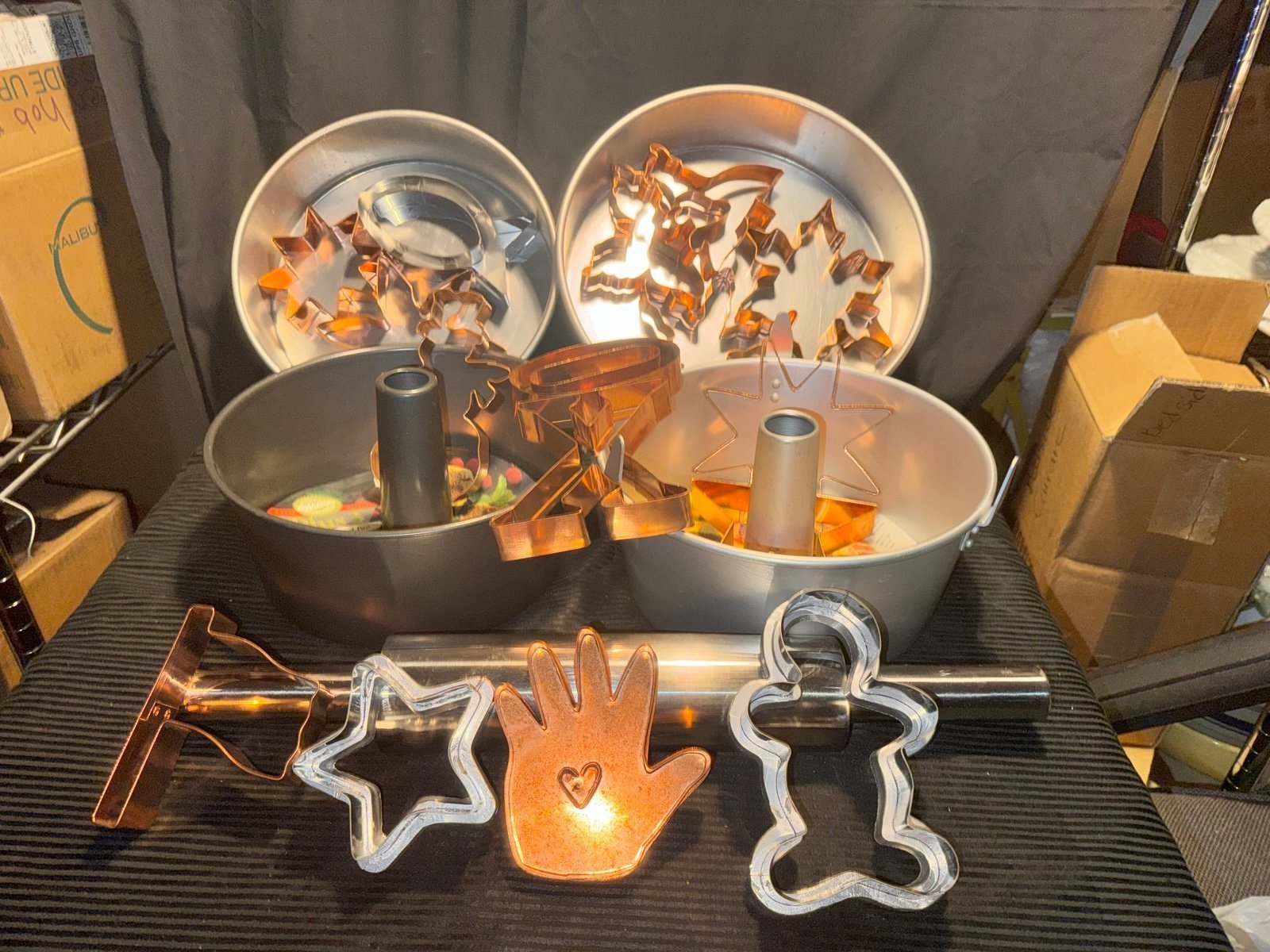 Copper cookie cutter’s & bakeware includes William Boone, heart hand ,& roller.