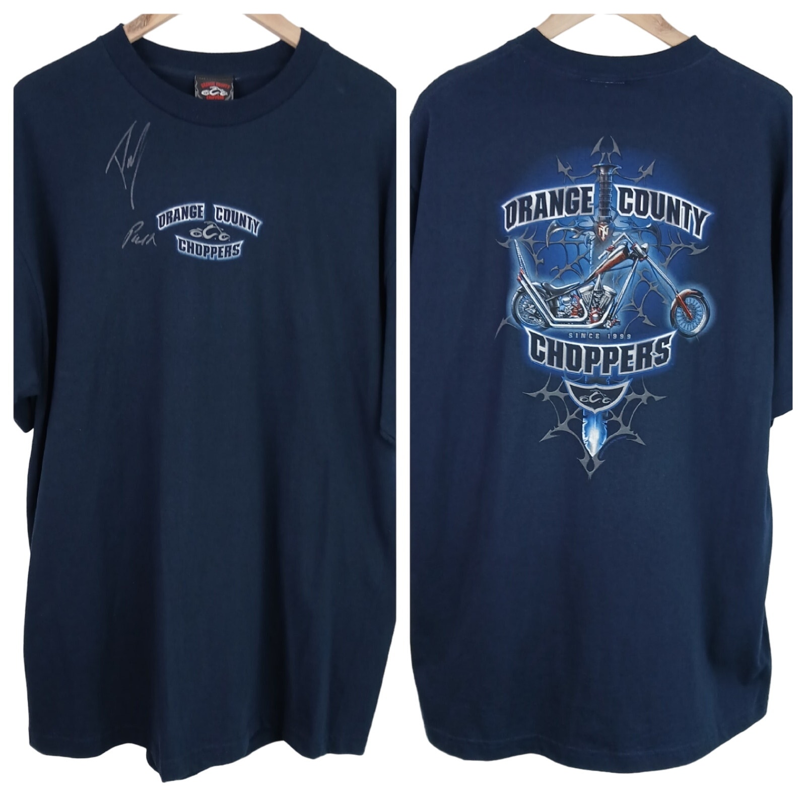 Orange County Choppers VTG SZ XL Navy Graphic Tee Autographed By Paul NWT