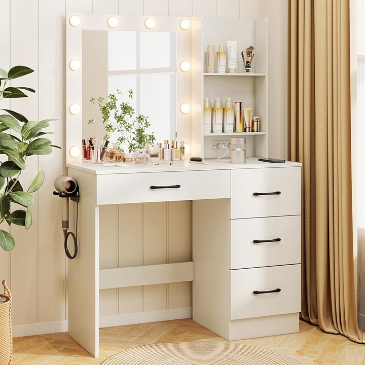 White Makeup Vanity Desk with 4 Large Drawers, 2 Storage Shelves and Color light