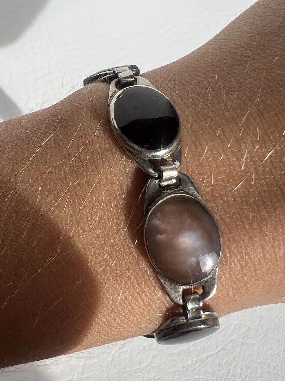 Abalone & Onyx Cabochon Bracelet 925 Sterling Silver 16.5g
