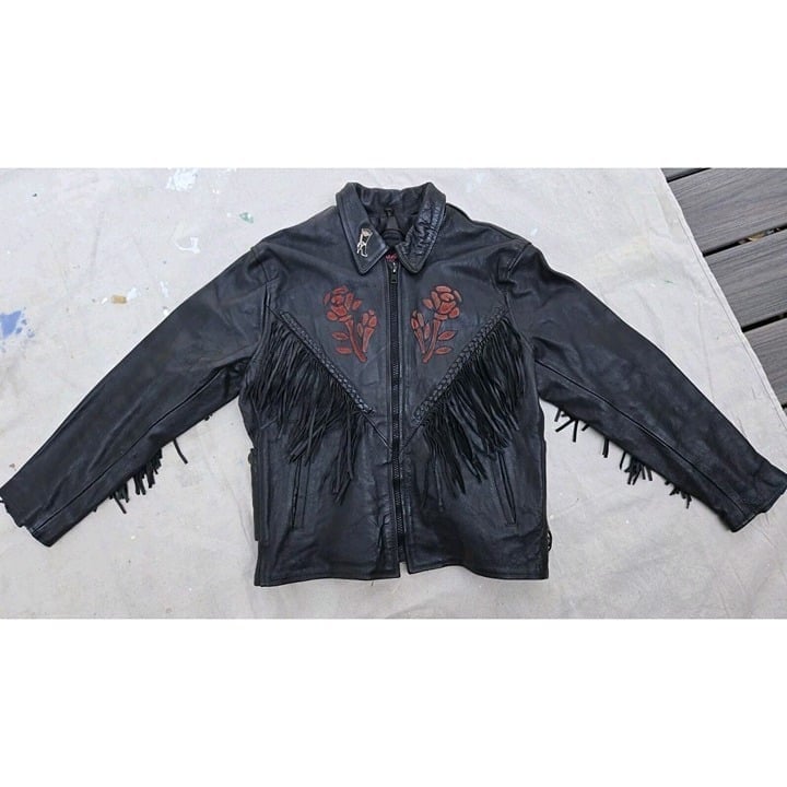VTG 80s Biker Leather Jacket Fringe Rose Inlay CONCH Braid Biker Rosalia Large