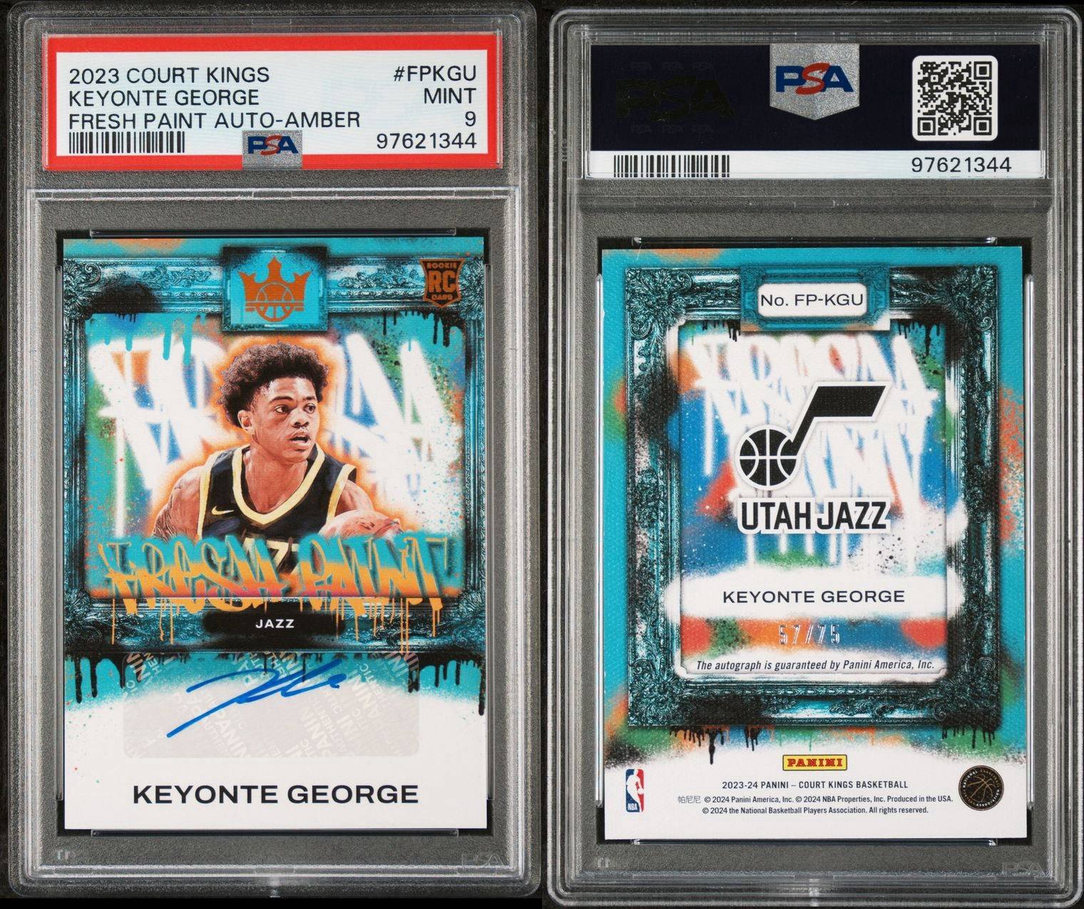 Keyonte George 2023 Court Kings Fresh Paint Rookie Auto Amber /75 PSA 9 Jazz RC