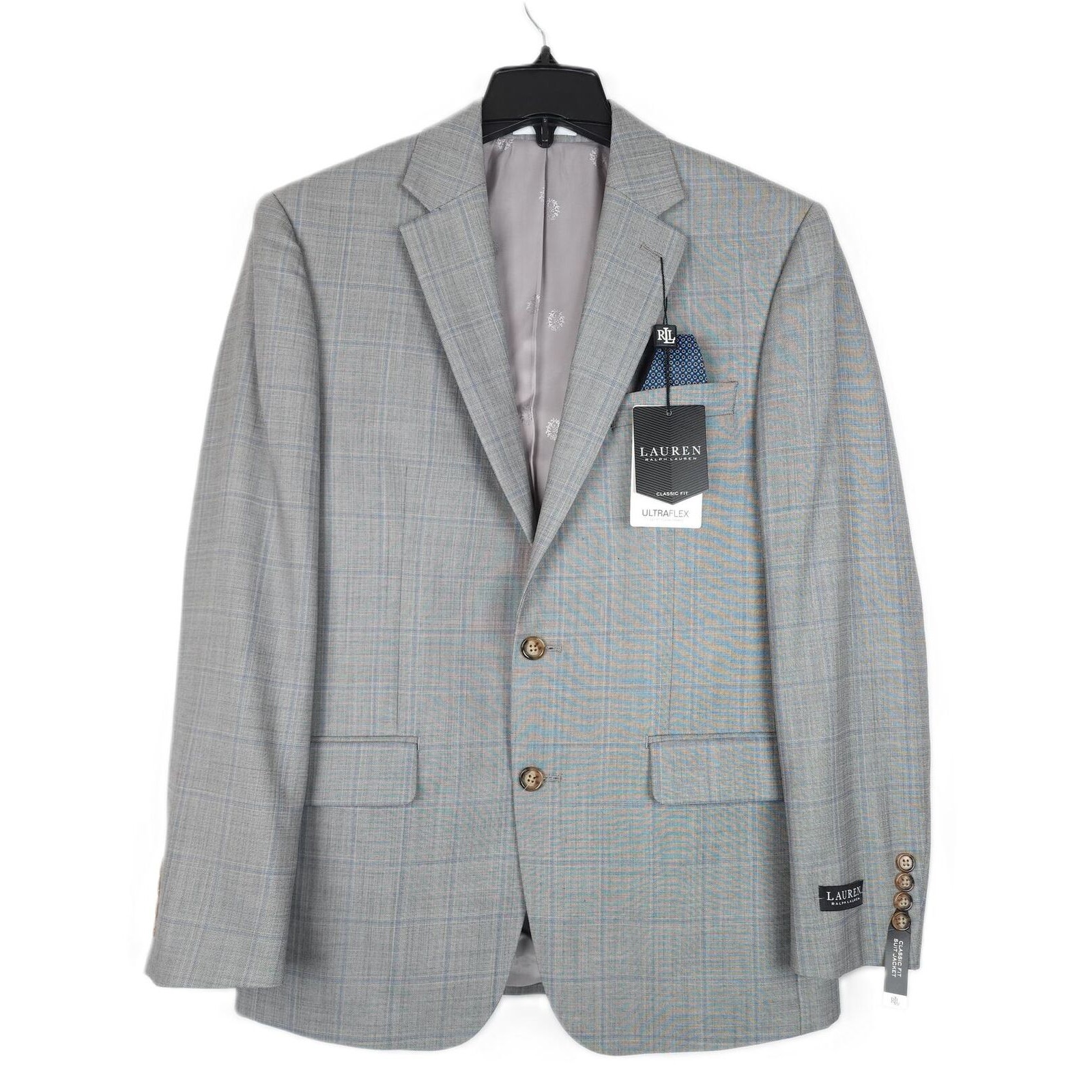 Lauren Ralph Lauren Classic-Fit Wool Suit Jacket Grey/Blue Windowpane 38R NWT