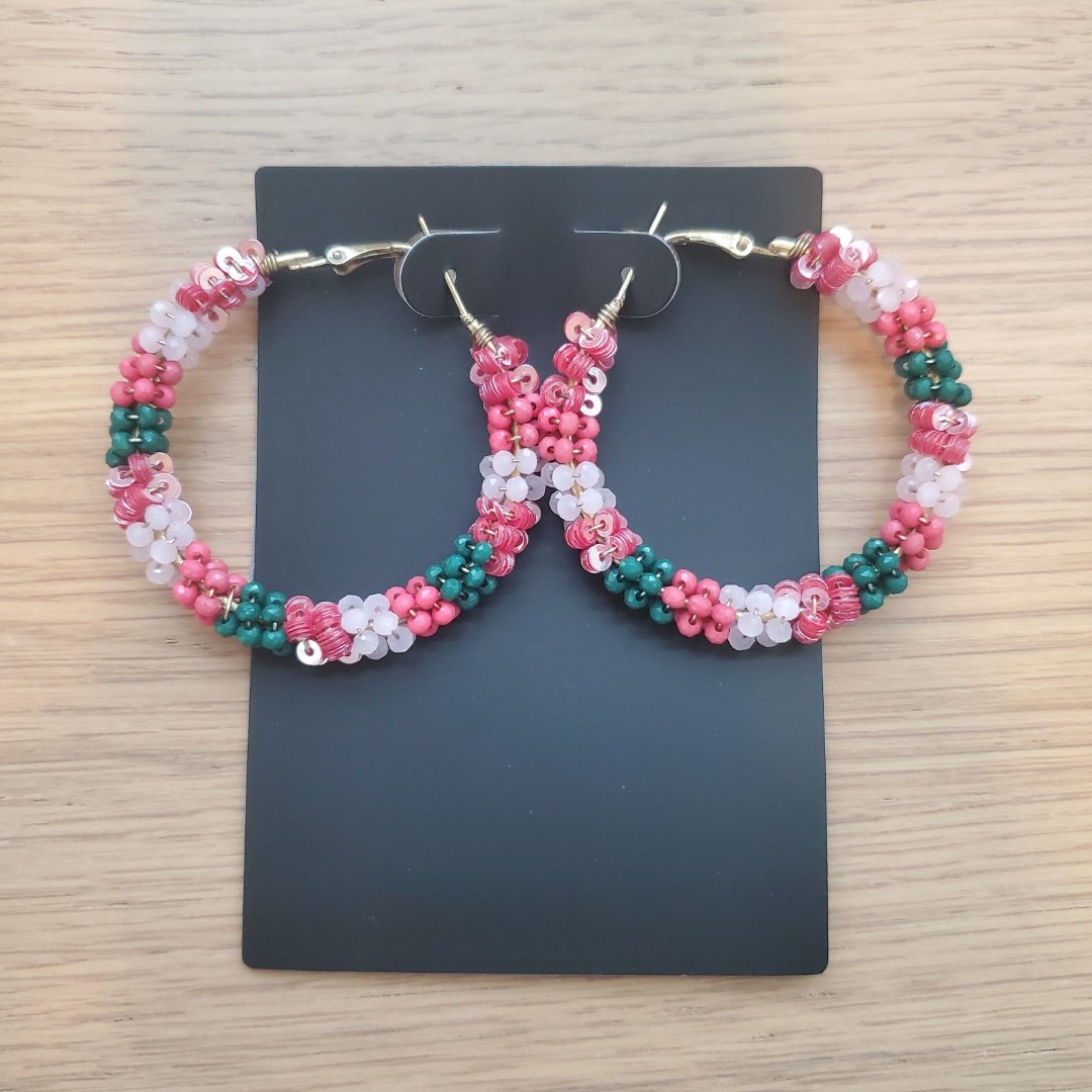 NEW Lesley Evers Pink Beaded Hoop Earrings