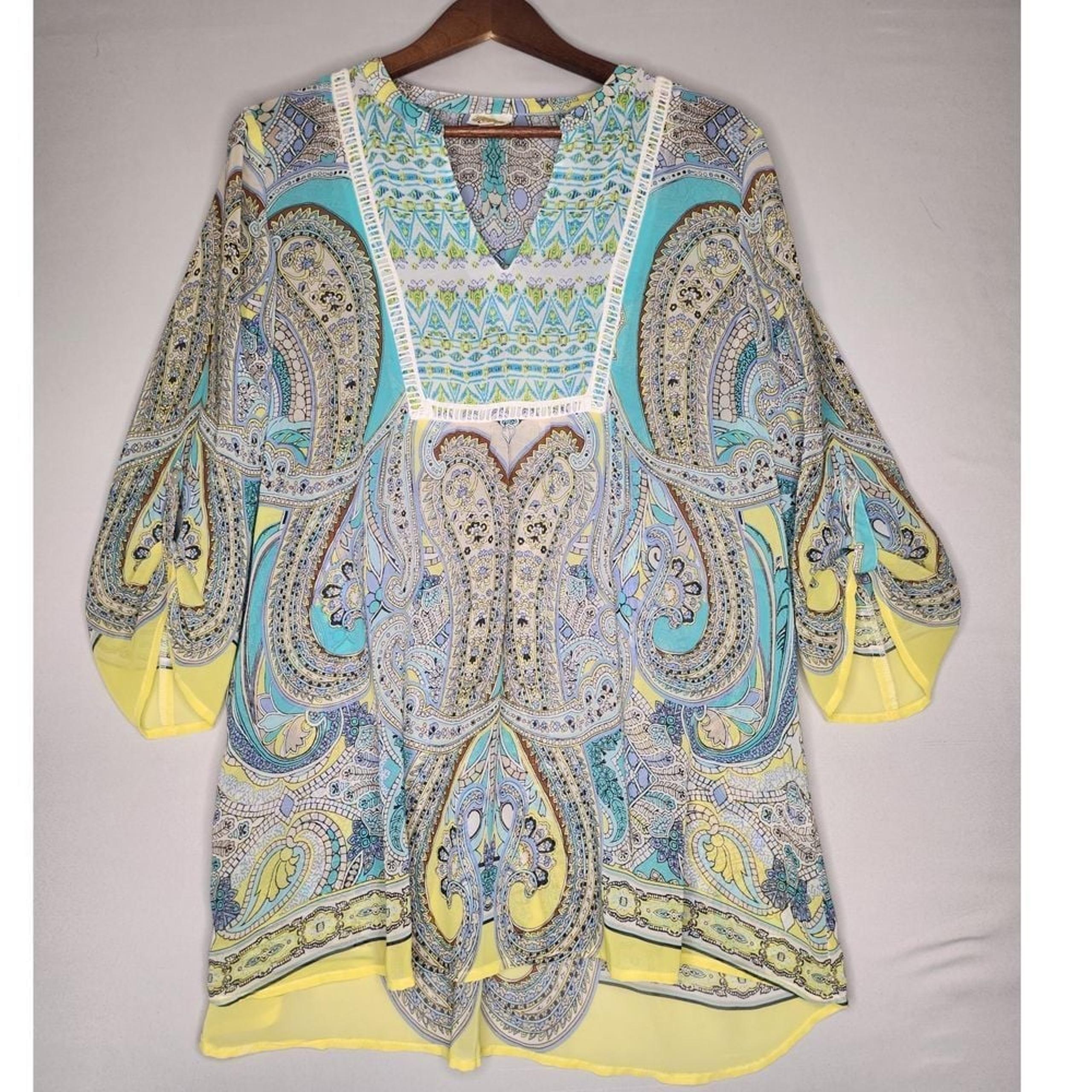 Fig And Flower Anthropologie Boho Pullover Top Tunic Blouse Large Paisley Sheer