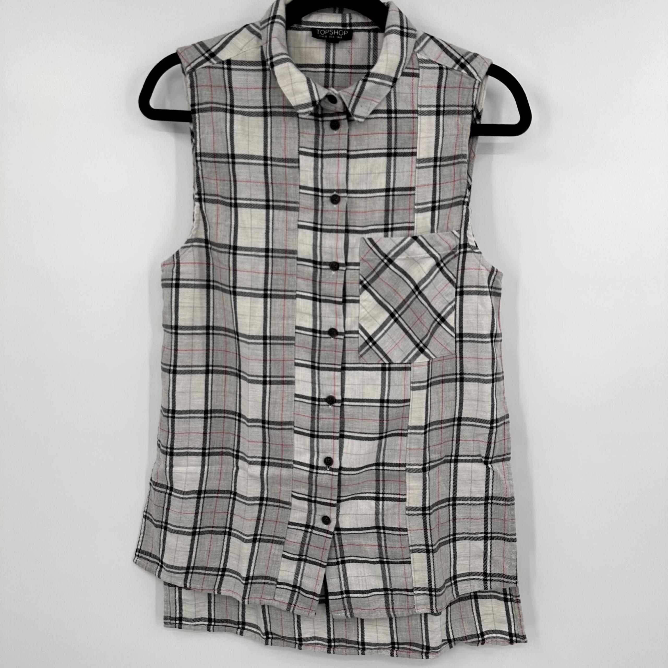 Topshop Shirt Womens 4 Gray Plaid Flannel High Low Sleeveless Pocket Button Down