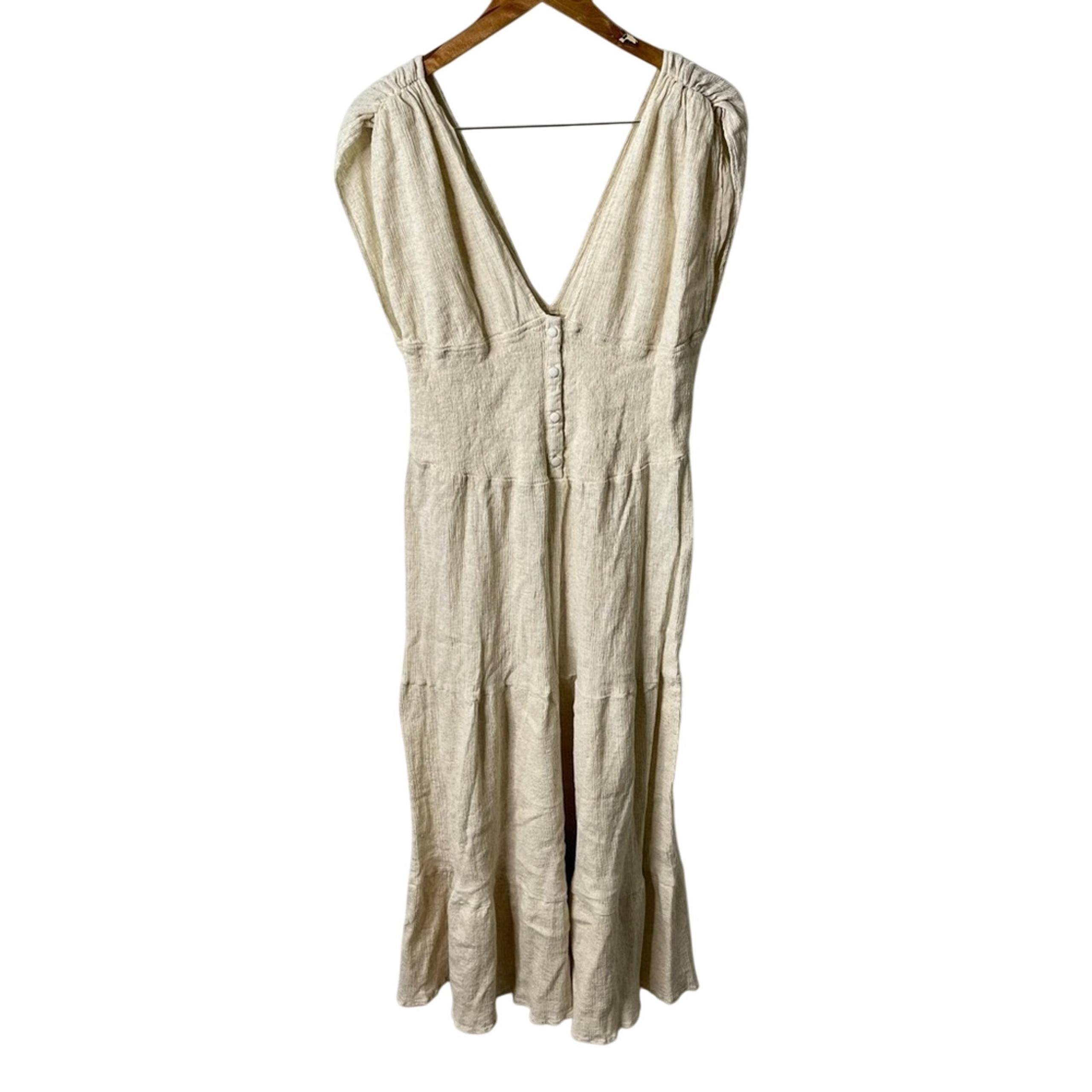 ASOS Design Midi Dress Oatmeal Shirred Waist Button Front Tiered Womens Size 12
