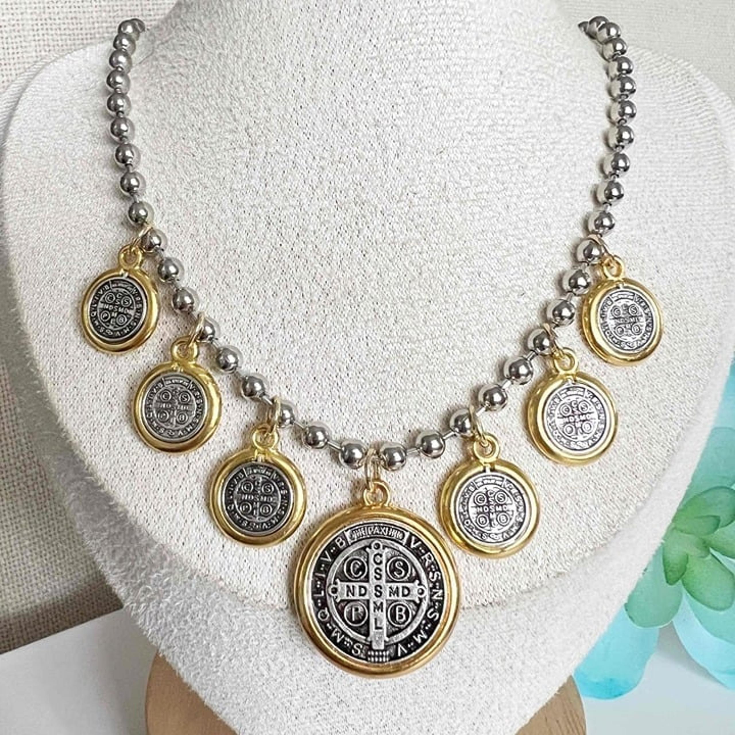 Anthropologie Gold Plated Reversible Coin Cross Necklace Beaded Chain jewelry