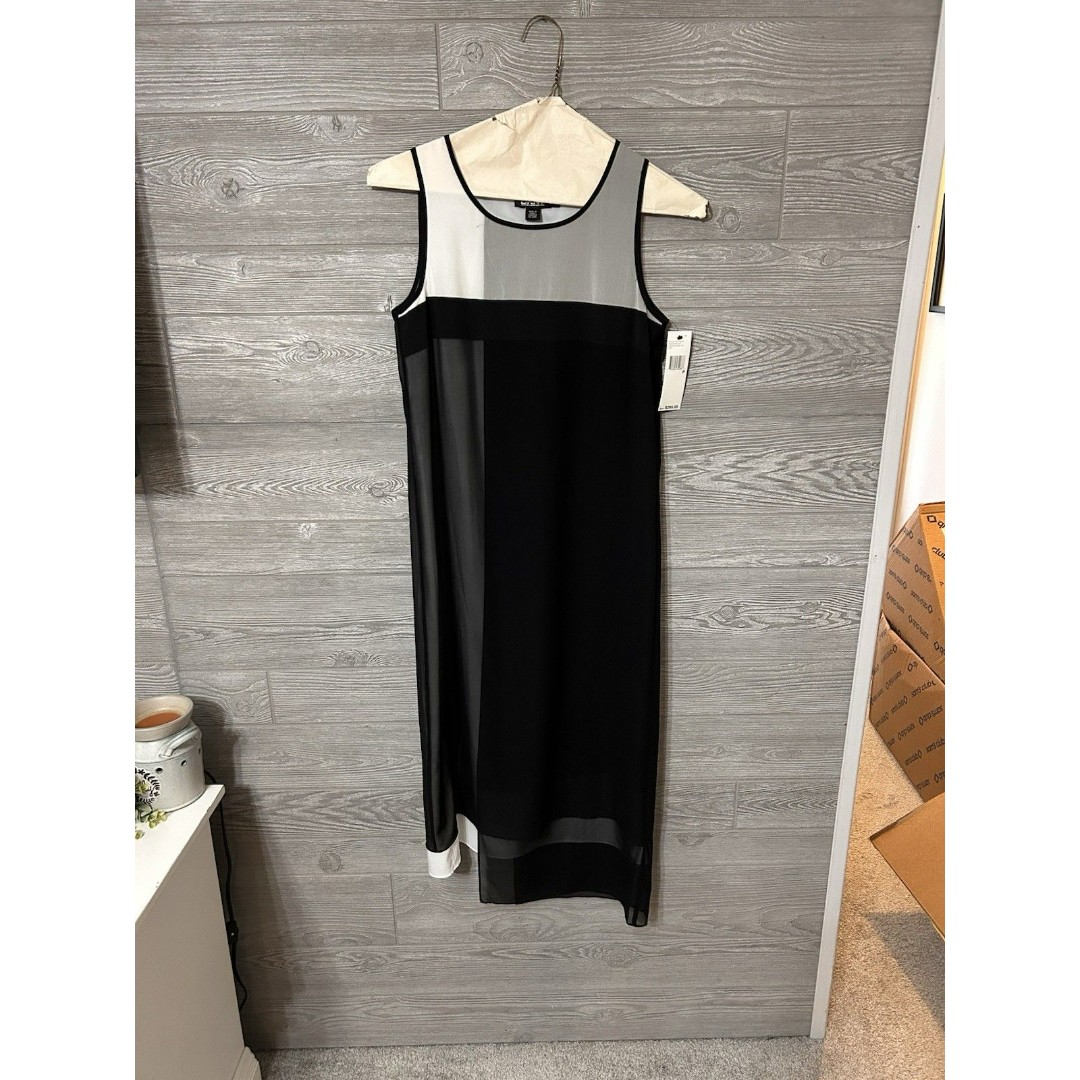 NWT DKNY Women's Dress Black & White Size P Petite A-Line Asymmetric Midi SILK