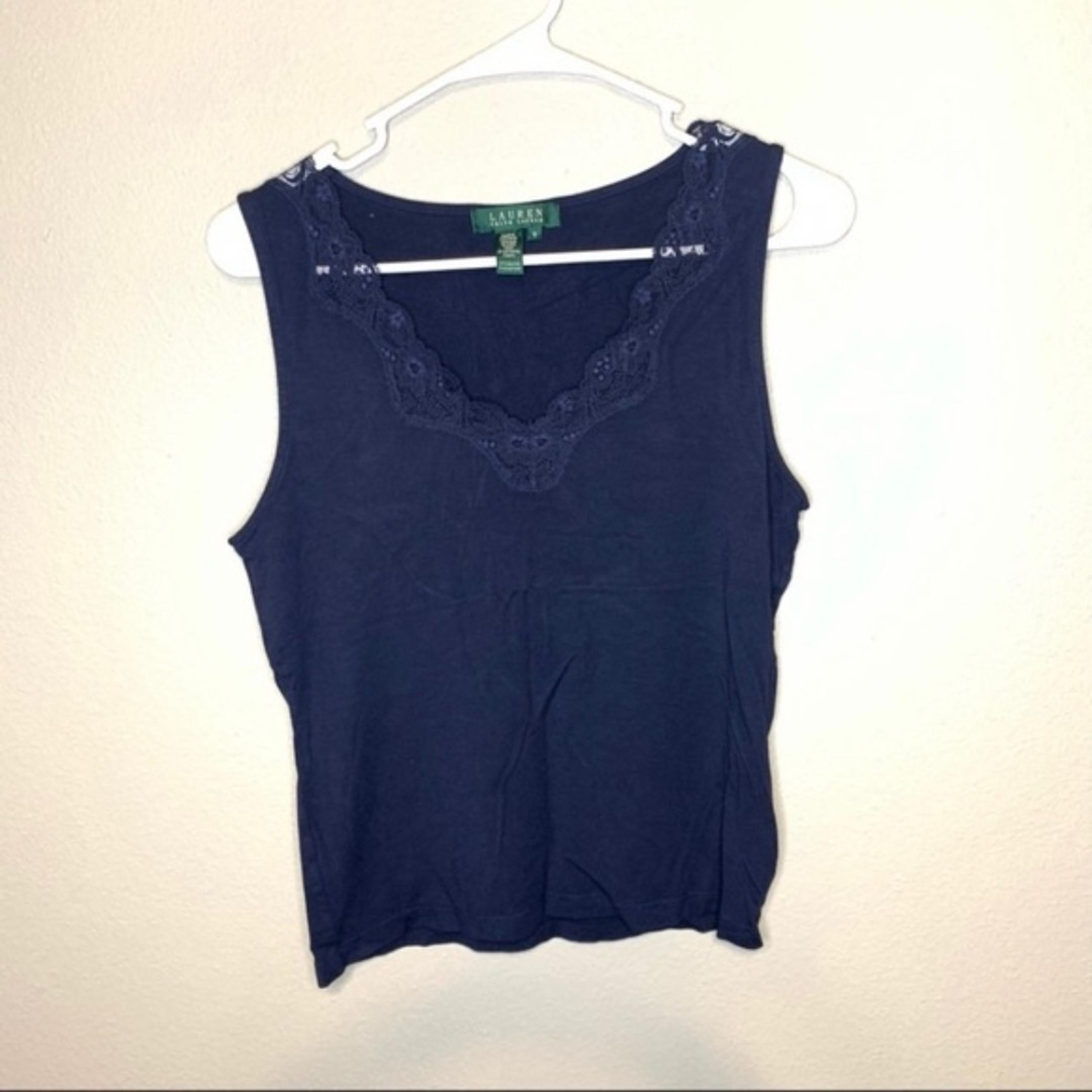 Lauren Ralph Lauren lace trim V neck blue tank top women’s size medium