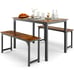 3 PCS Modern Dining Table Bench Set w/ Wooden Tabletop & Metal Frame Brown