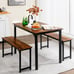 3 PCS Modern Dining Table Bench Set w/ Wooden Tabletop & Metal Frame Brown