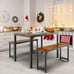 3 PCS Modern Dining Table Bench Set w/ Wooden Tabletop & Metal Frame Brown