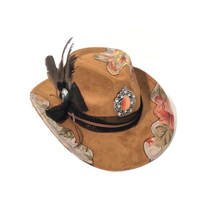 Tazzle’s 1of1 Womens Custom Western Cowboy Hat-Brown Suede, Floral Silk, Feather