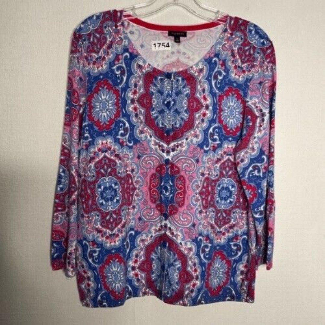 NWOT Talbots Button Front Cardigan Women Size L Paisley Floral Blue/Pink Artsy