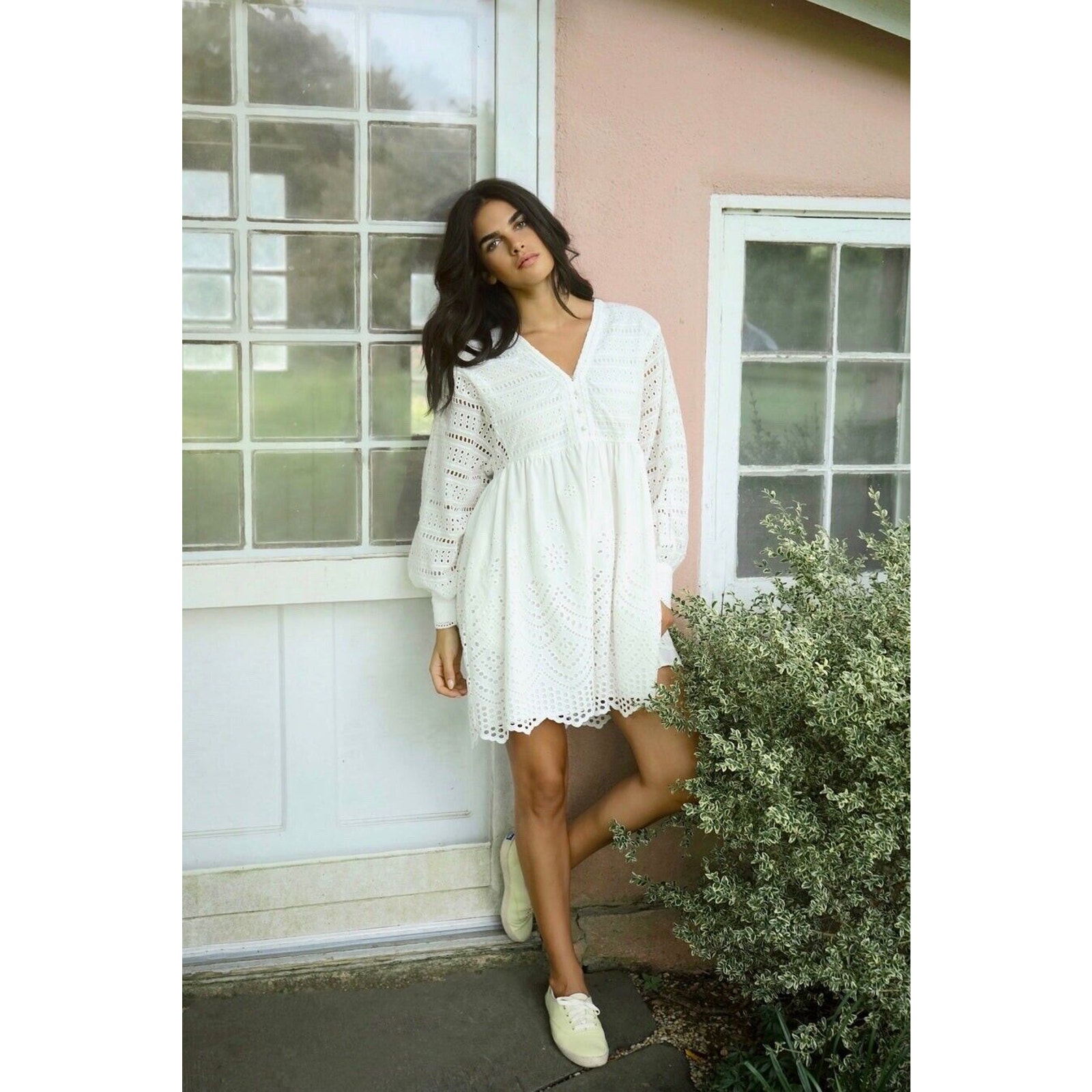 Anthropologie ALLISON NY White Eyelet Embroidered Long Sleeves Mini Dress Sz S