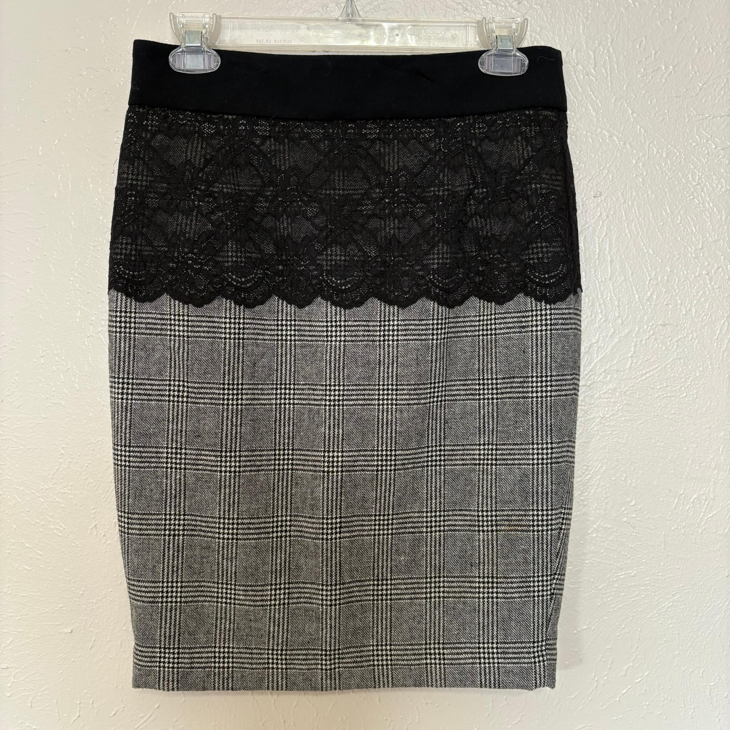 Zara Basic Glen Gray Plaid Wool Lace Pencil Skirt Womens Small