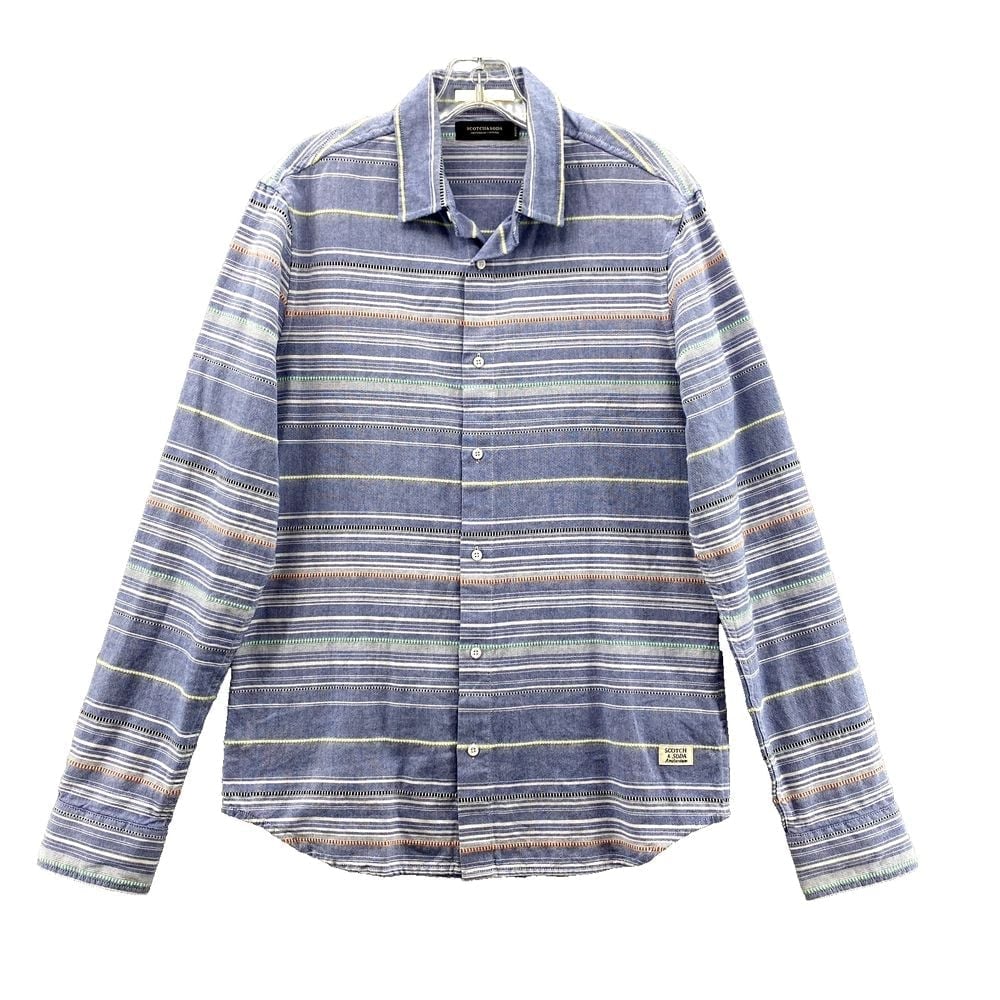 Scotch & Soda Shirt Men's Small Blue Striped Everyday Holiday Long Sleeve Preppy