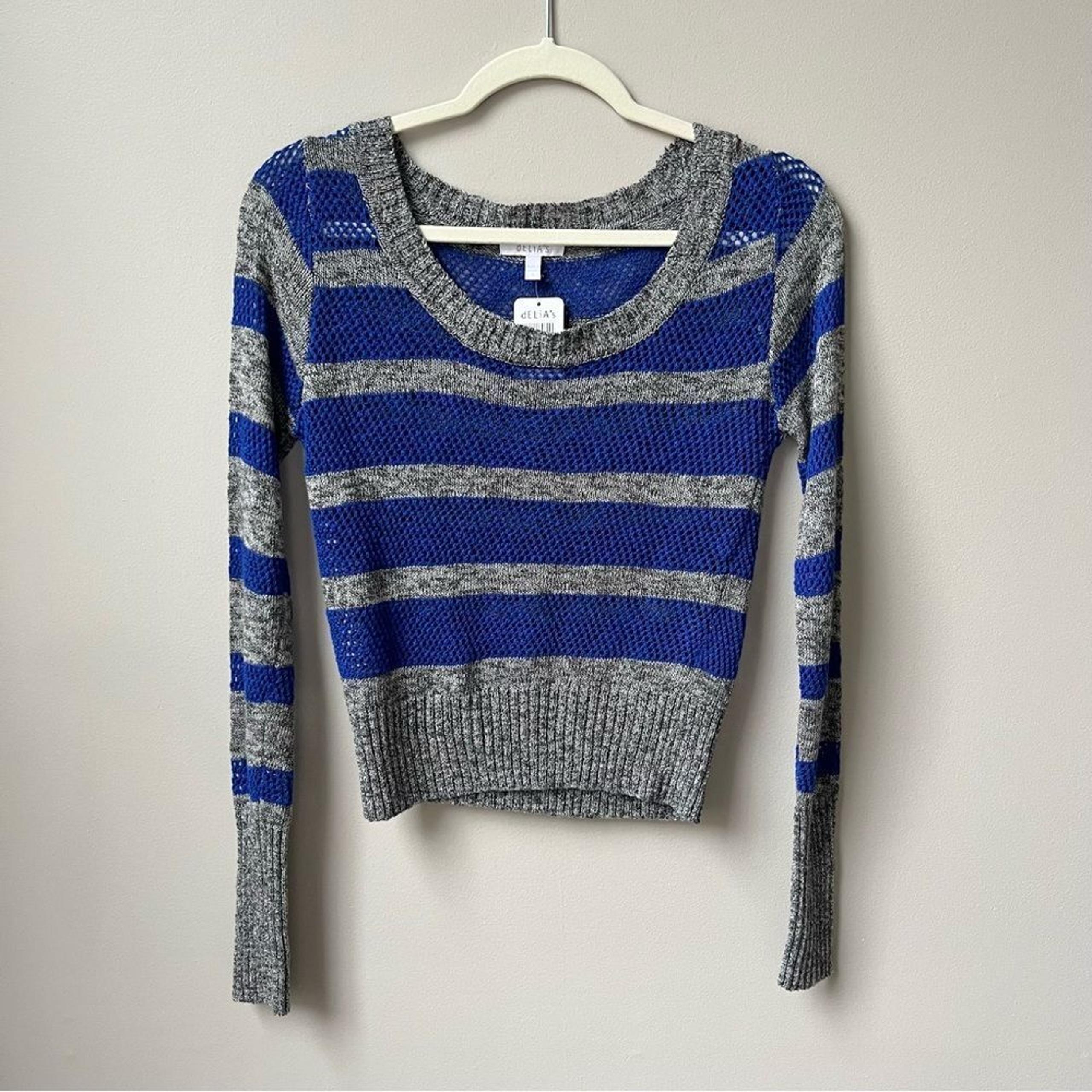 Delia's Y2K Gray Blue Striped Open Knit Sweater Juniors Small Scoop Neck Mesh