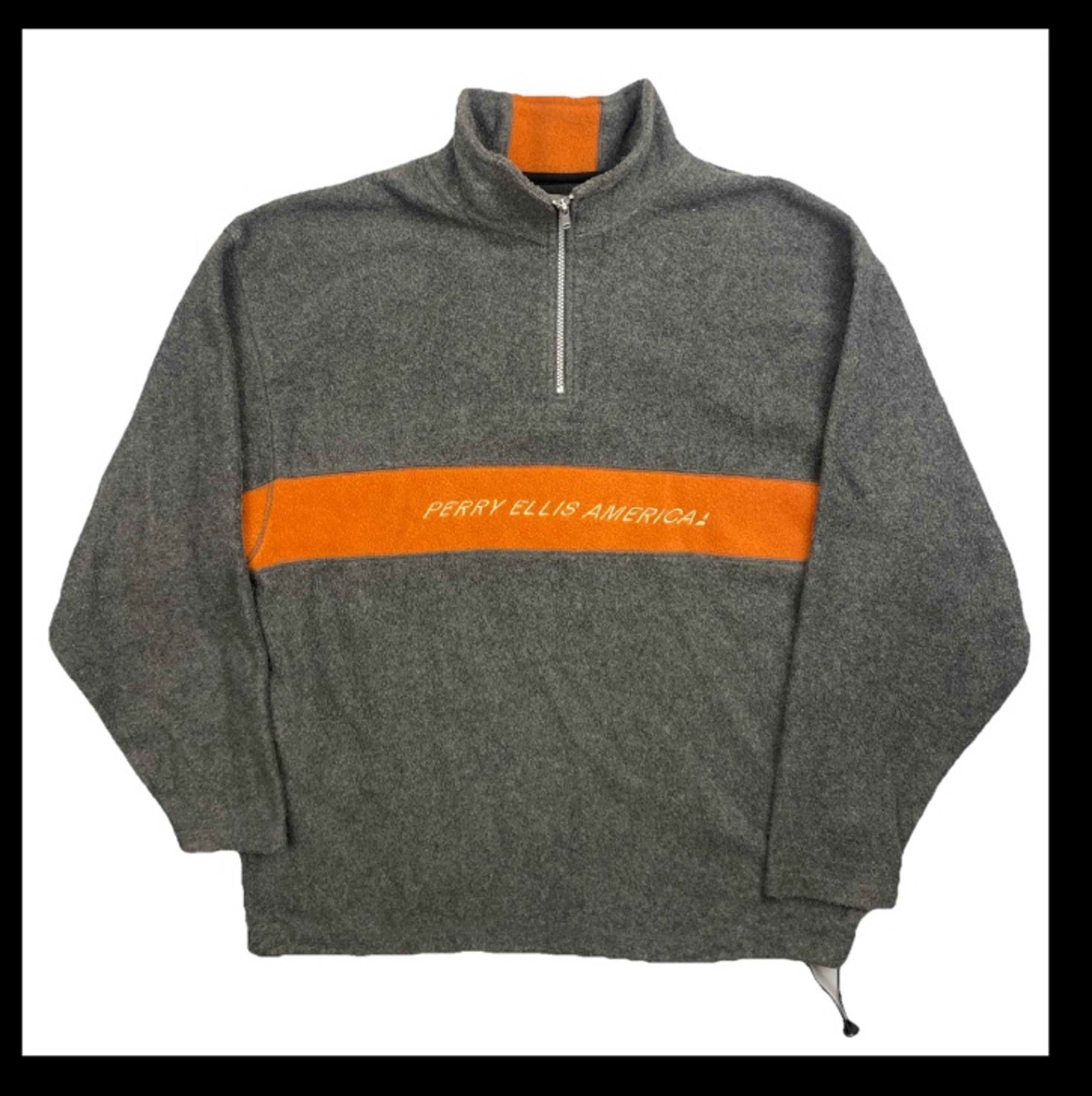 PERRY ELLIS America Fleece Sweatshirt Men’s Large Gray Orange 1/4 Zip Pullover