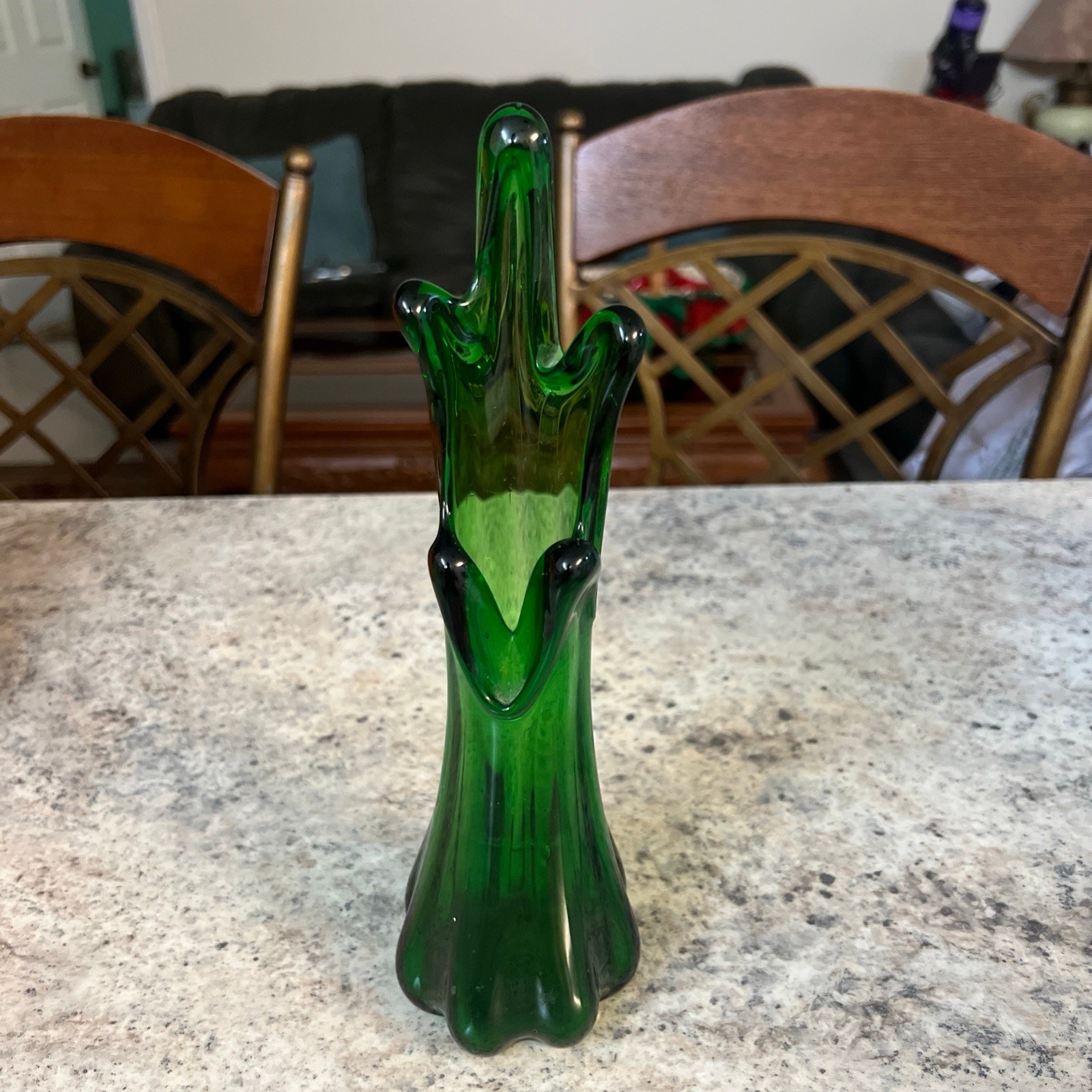 Swung Vase Five Finger Green Art Glass Stretch Vintage 11" Tall emerald