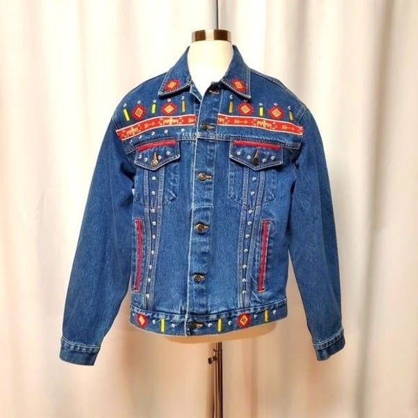 Vintage Gepetto 90s y2k Southwest Aztec Thunderbird Trucker Jean Jacket Lg