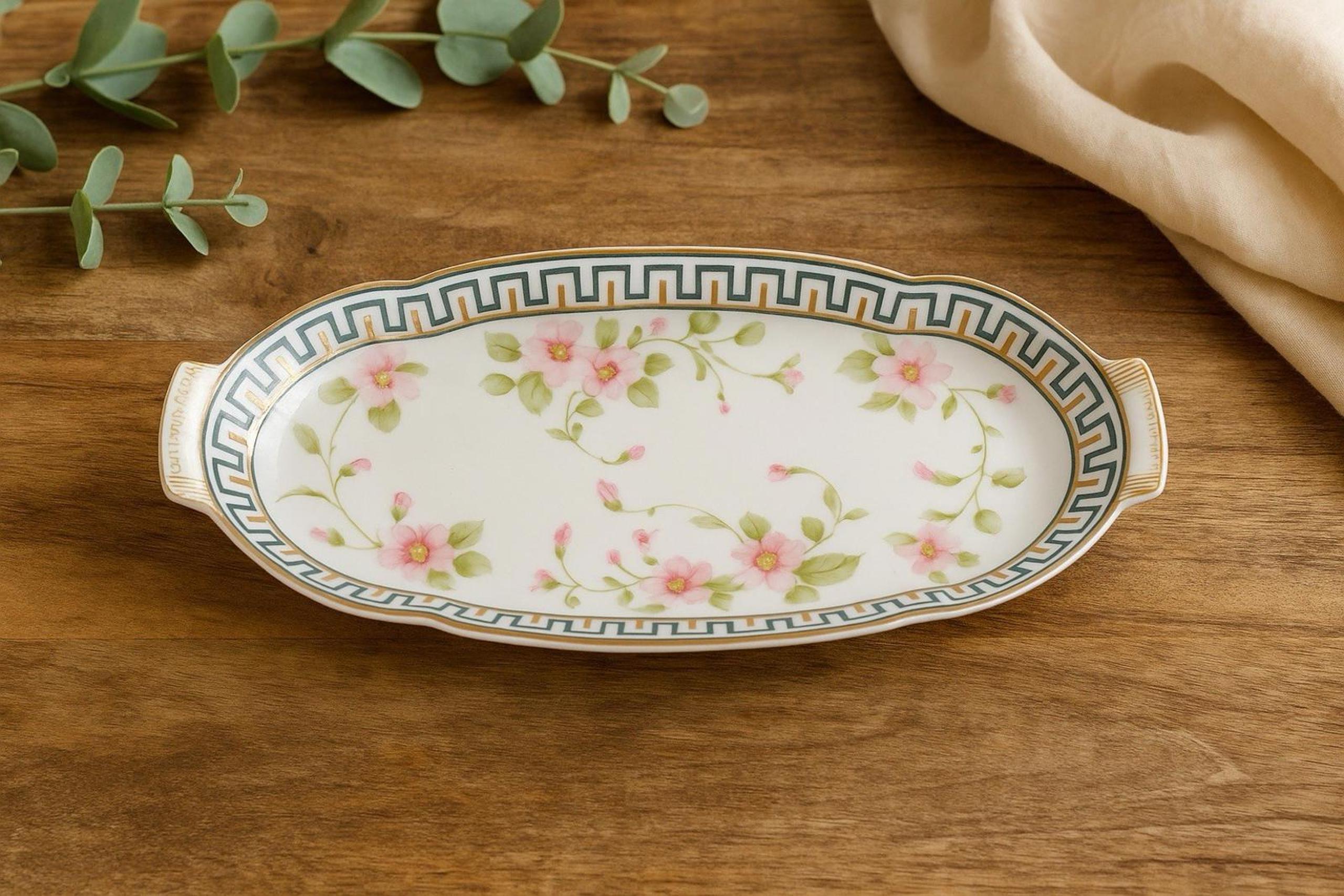 Nippon Japan 1910s Hand Painted Celery Dish Pink Flowers Blue Gold Trim, 12x5.5